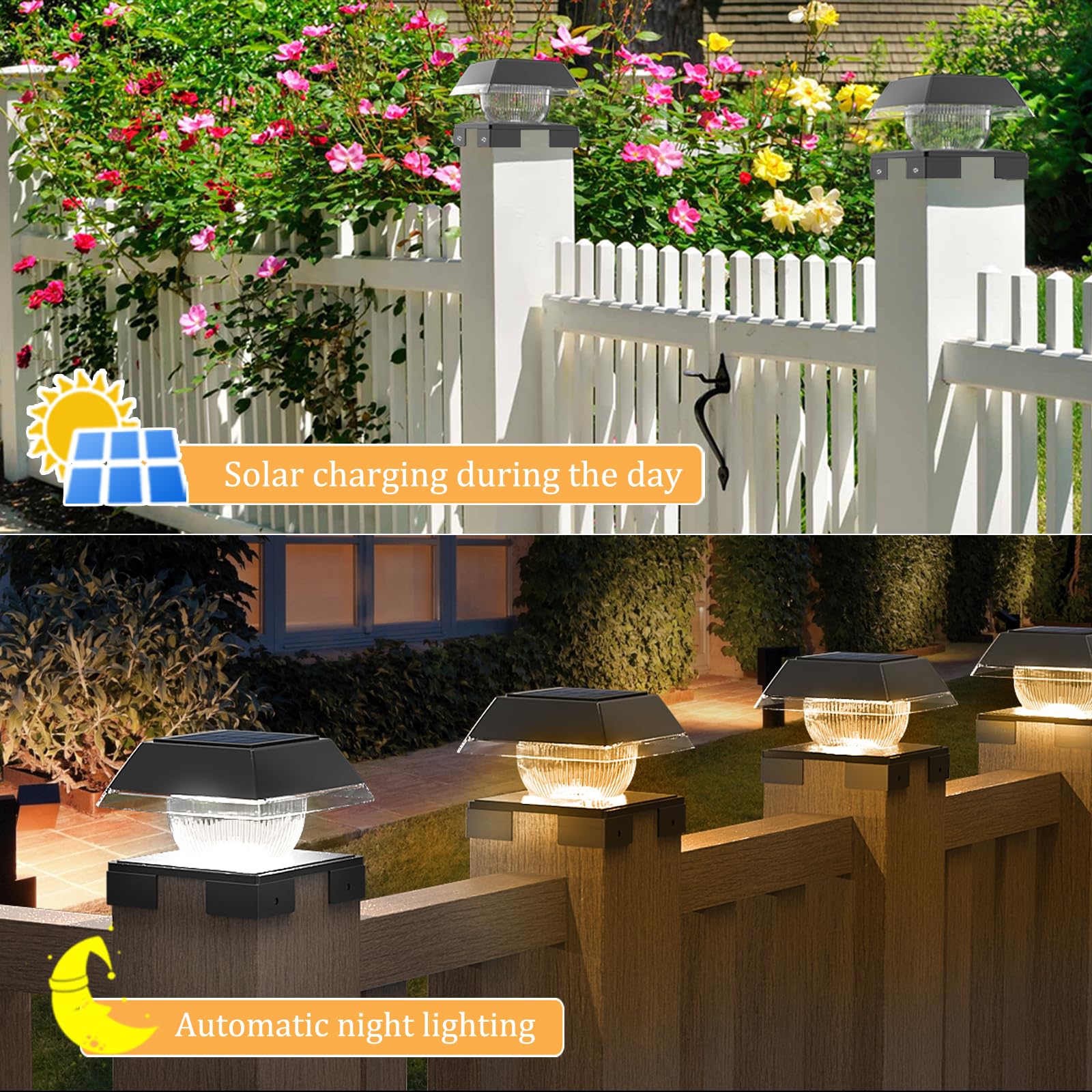 AEFRELEOHT Solar Post Cap Lights, Warm White & RGB Automatic Cycling, Cracked Glass Bulb, 20 Lumens LP65 Waterproof Fit 3.6x3.6 4x4 4.5x4.5 5x5 Wood Fence Post Solar Powered Lights Black (6 Pack - View #2
