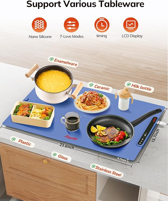 Laudlife Electric Warming Mat for Food, Roll-Up Silicone Heating Pad with 7 Adjustable Tempmaster Levels, Foldable Warming Tray for Countertop,Buffet Party, Kitchen & Home, Child Lock, Dark Bule