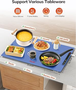 Laudlife Electric Warming Mat for Food, Roll-Up Silicone Heating Pad with 7 Adjustable Tempmaster Levels, Foldable Warming Tray for Countertop,Buffet Party, Kitchen & Home, Child Lock, Dark Bule