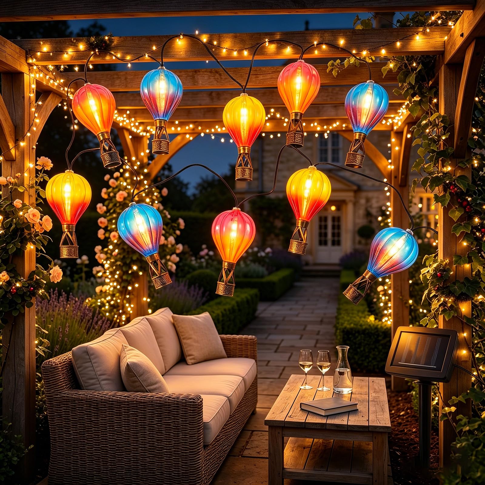 Xheemzce Solar Hot Air Balloon Garden Lights, 2m Outdoor Waterproof IP44 Solar Powered Multicoloured Fairy String Lights with 10 LEDs, for Patio Decor Hanging Lanterns