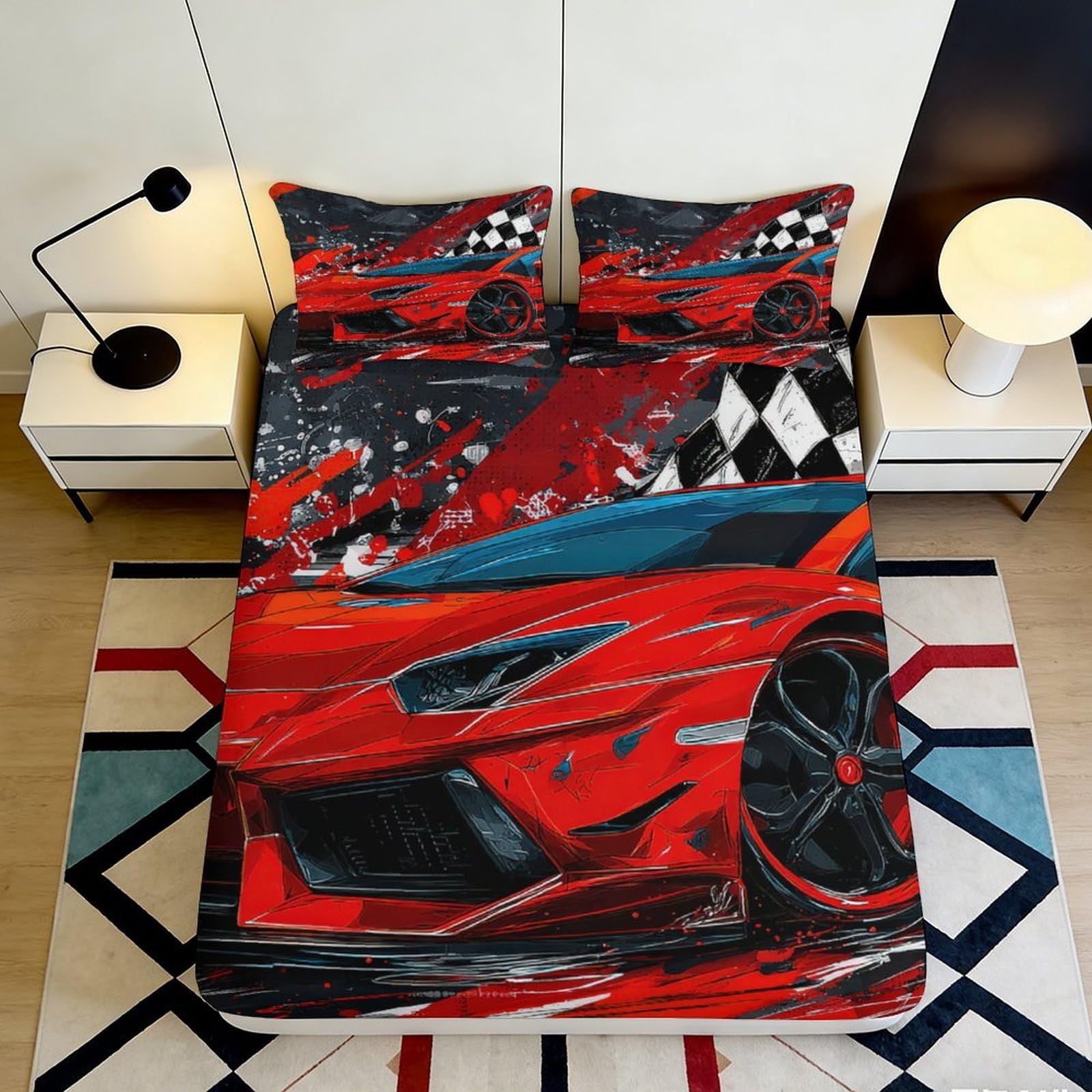 3D Printed Racing Fitted Sheet Microfiber Deep Pocket Bedroom Bedding Racing Mattress Fitted Cover Non-Slip Full Wrap Washable 90x200x25cm
