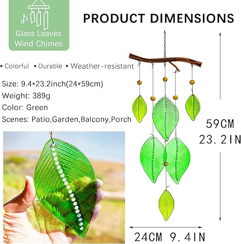 Miniatura 5 de Campanillas de viento de metal para colgar de mal de ojo azul y campanillas de viento hechas a mano con hojas de vidrio verde