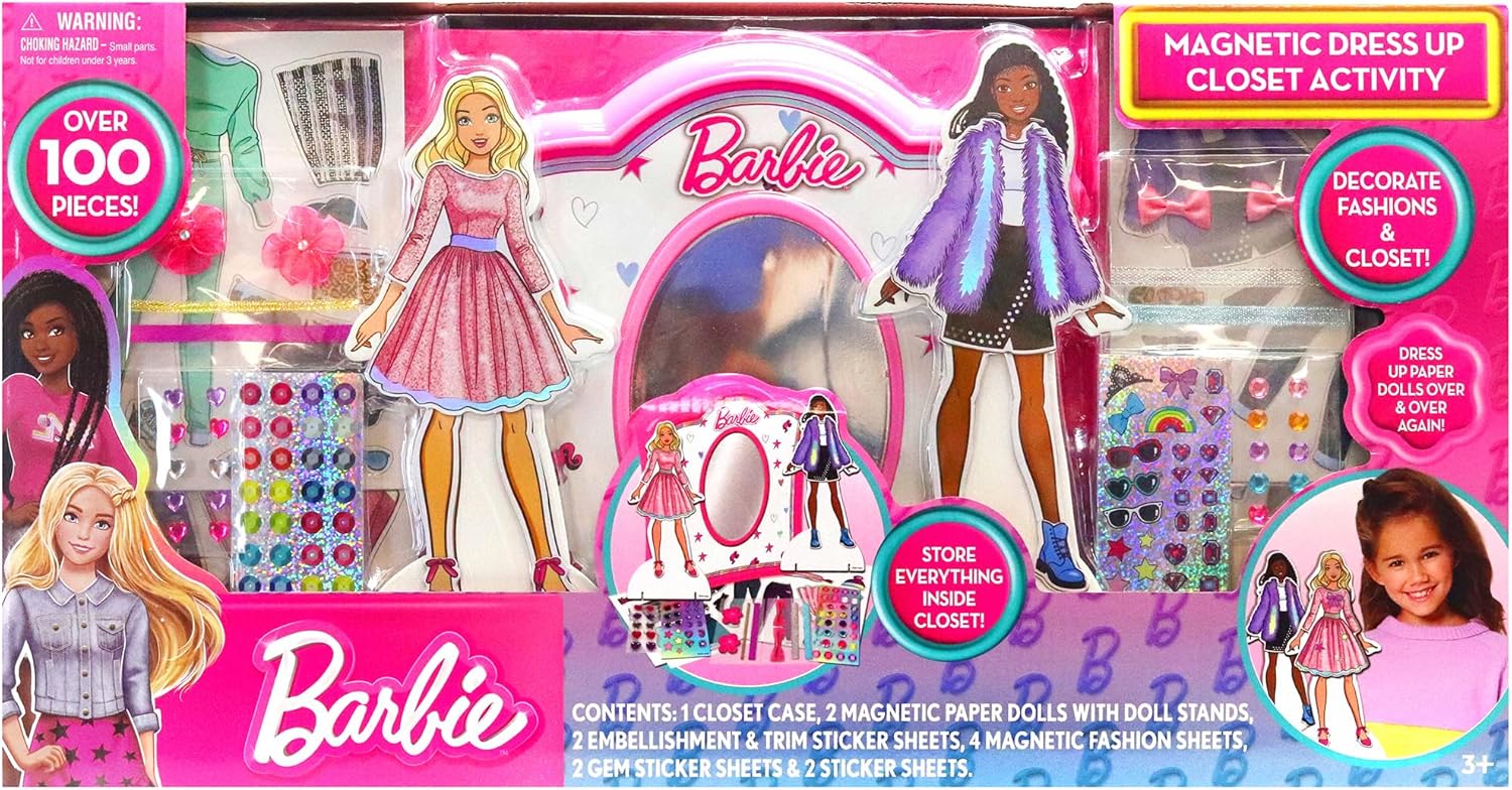 Barbie: Magnetic Dress Up Closet Activity - Fashion Design Playset, Mix & Match Accessories, Decorate & Display, Pink Closet Storage Case, Kids 3+