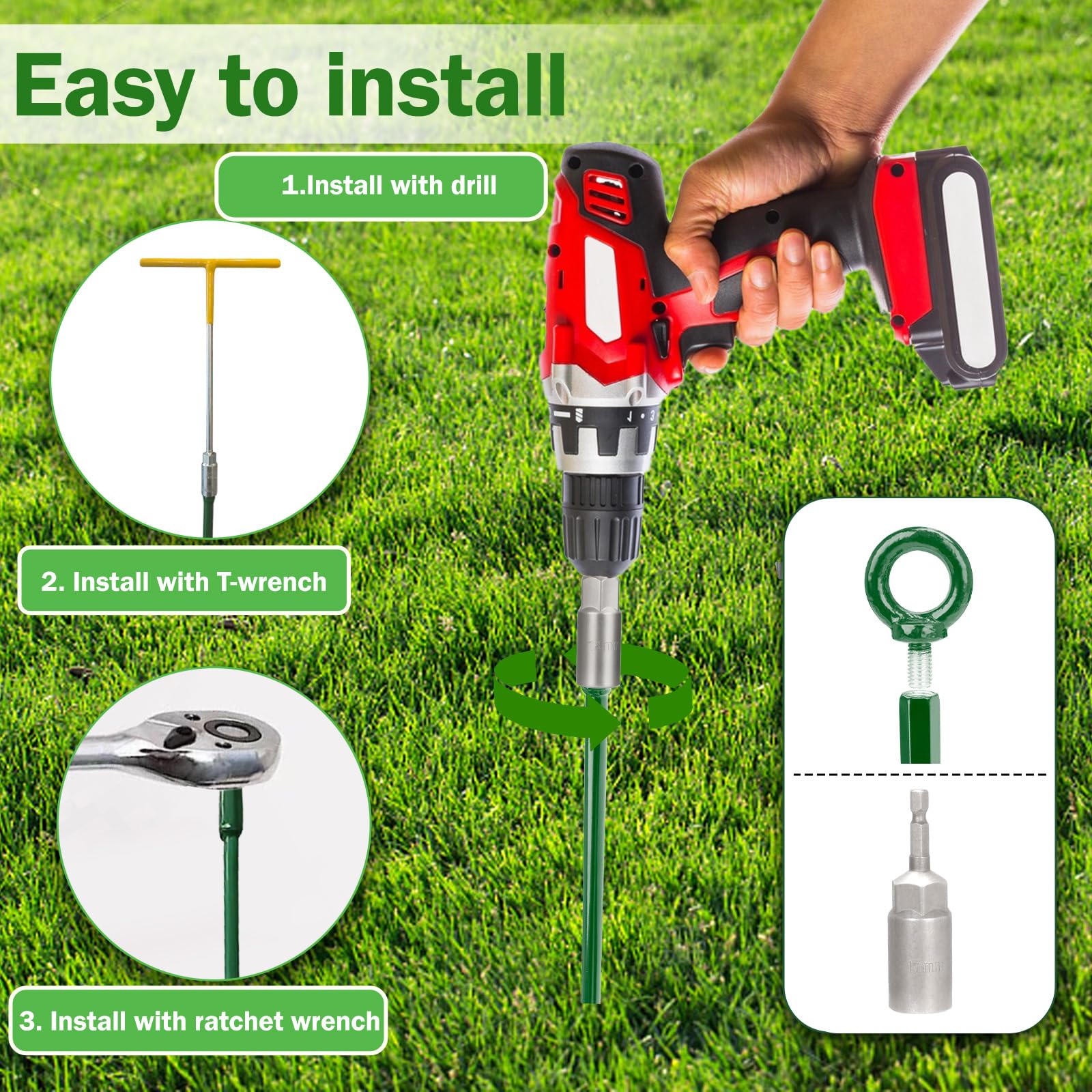 Kit di ancoraggio per capanno da 76,2 cm, ancoraggio a tripla elica con cavo zincato da 15,7 m, 4 tenditori e adattatore per trapano, ancoraggio a coclea verde per baldacchino, gazebo