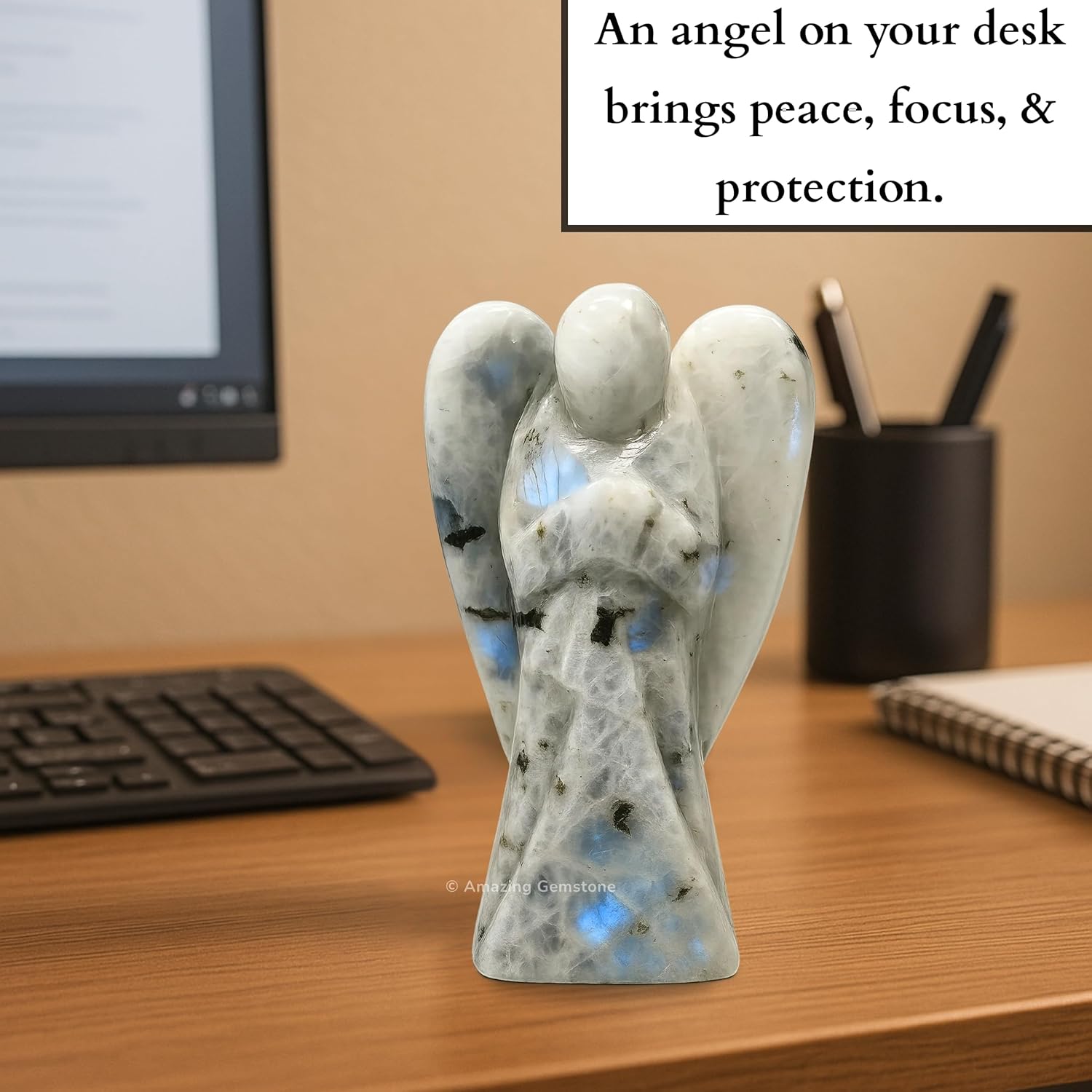 Amazing Gemstone Rainbow Moonstone Angel - Rainbow Moonstone Crystal Angel and Pocket Guardian Angel Crystal Figurines (4 inches)