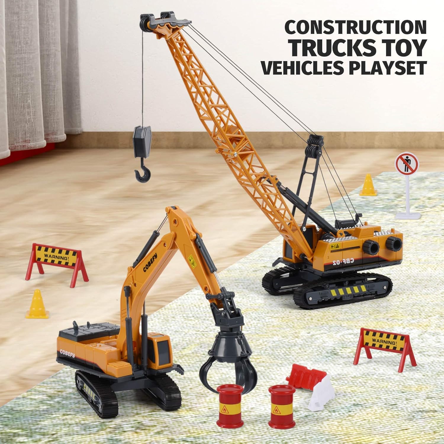 Construction Trucks Toy Vehicles Playset, Set of Crane & Excavator Toy with Road Sign Accessories(36pcs), Kids Construction Site Toys for Boys, Gift for Ages 3 and Up Toddlers Kids Children Present : Toys & Games