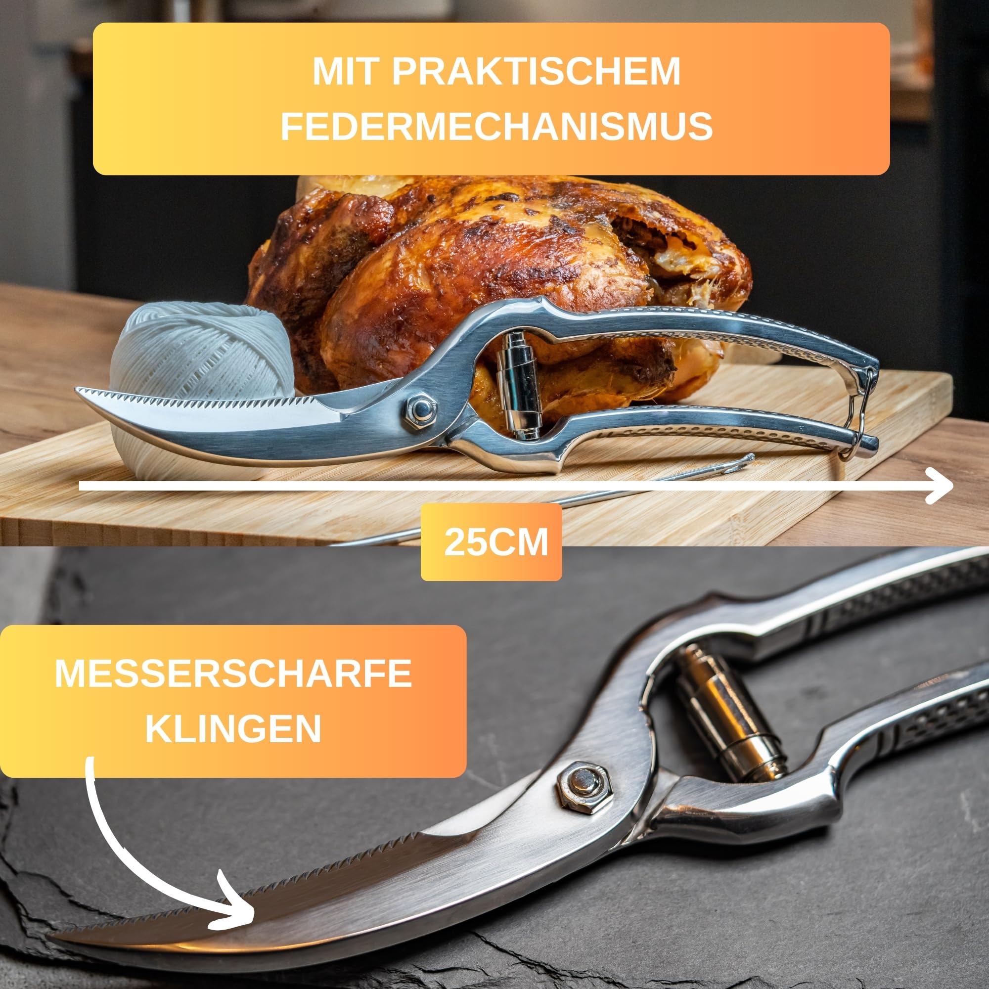 Thiru Premium Geflügelschere - Küchenschere für Profis - Kinderleichter Federmechanismus für Rechts- und Linkshänder - Fleischschere mit Sicherheitsverschluss & Aufbewahrungshülle