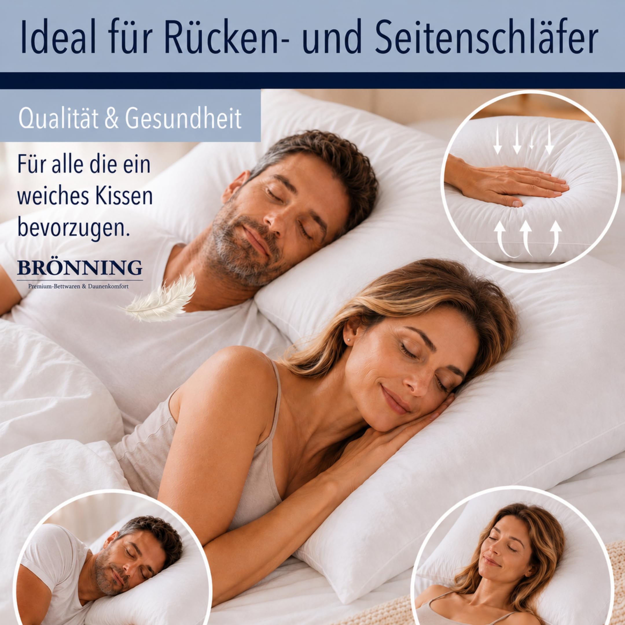 3-Kammer Daunenkissen 80x80 cm 2er Set -Kopfkissen Made in Germany | Kopfkissen 80x80 Daunen | Kissen Allergiker (NOMITE) | Federkissen 80 x 80 cm | Tierwohl (DOWNPASS) | OEKO-TEX Klasse 1