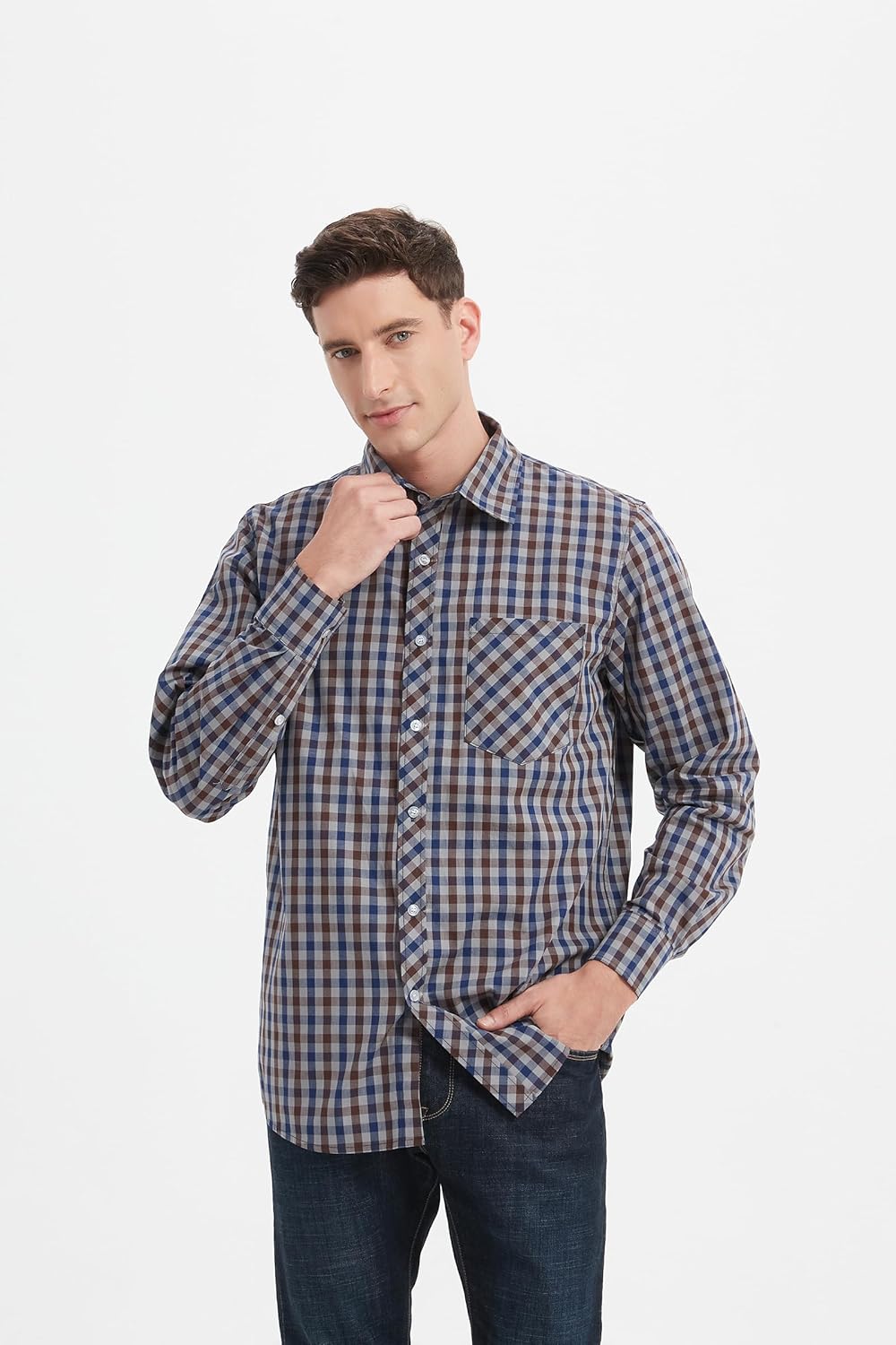 JupiterSecret Men's Plaid Button Down Shirts Cotton Long Sleeve Dress Shirt Business Shirts with Pocket - Image 2