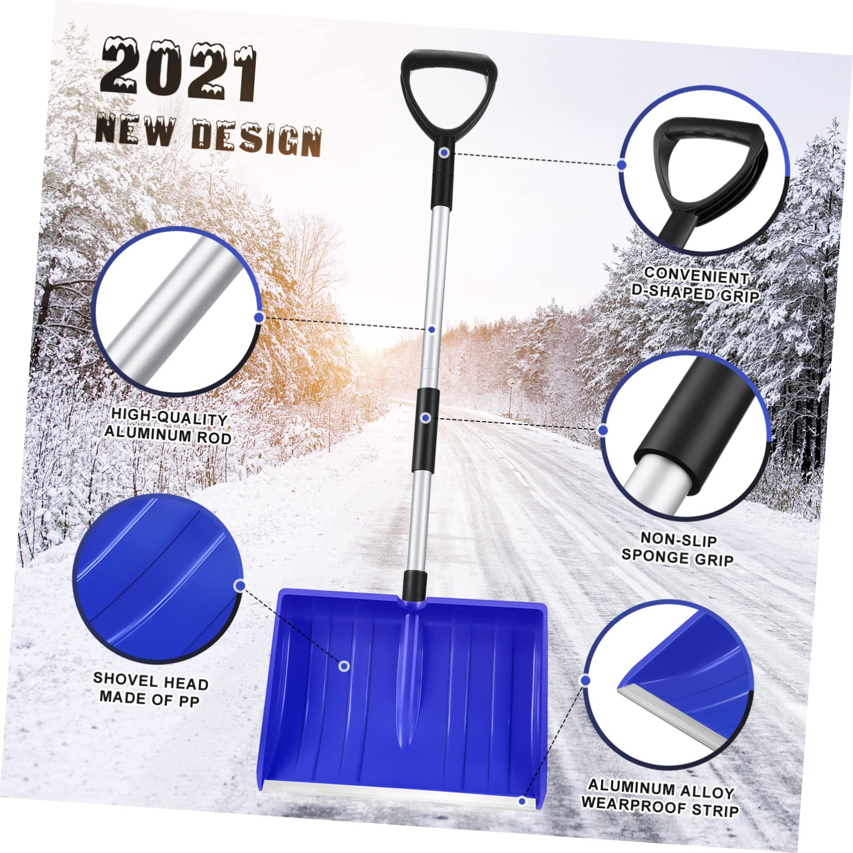 Pala de Nieve Grande de PP y Aleación de Aluminio con Mango Ajustable | Azul, Empuñadura en D Antideslizante, Diseño Ergonómico de Gran Capacidad, para Jardín y Carretera