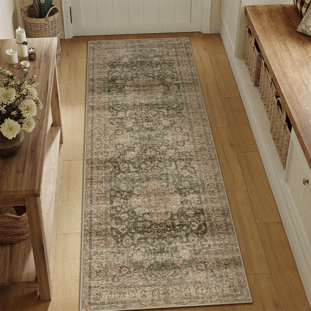 2x6 Washable Runner Rug Green Brown Vintage Non Slip Soft Low Pile Hallway Kitchen Rug Distressed Oriental Carpet for Laundry Bathroom Bedroom Living Room Home Decor