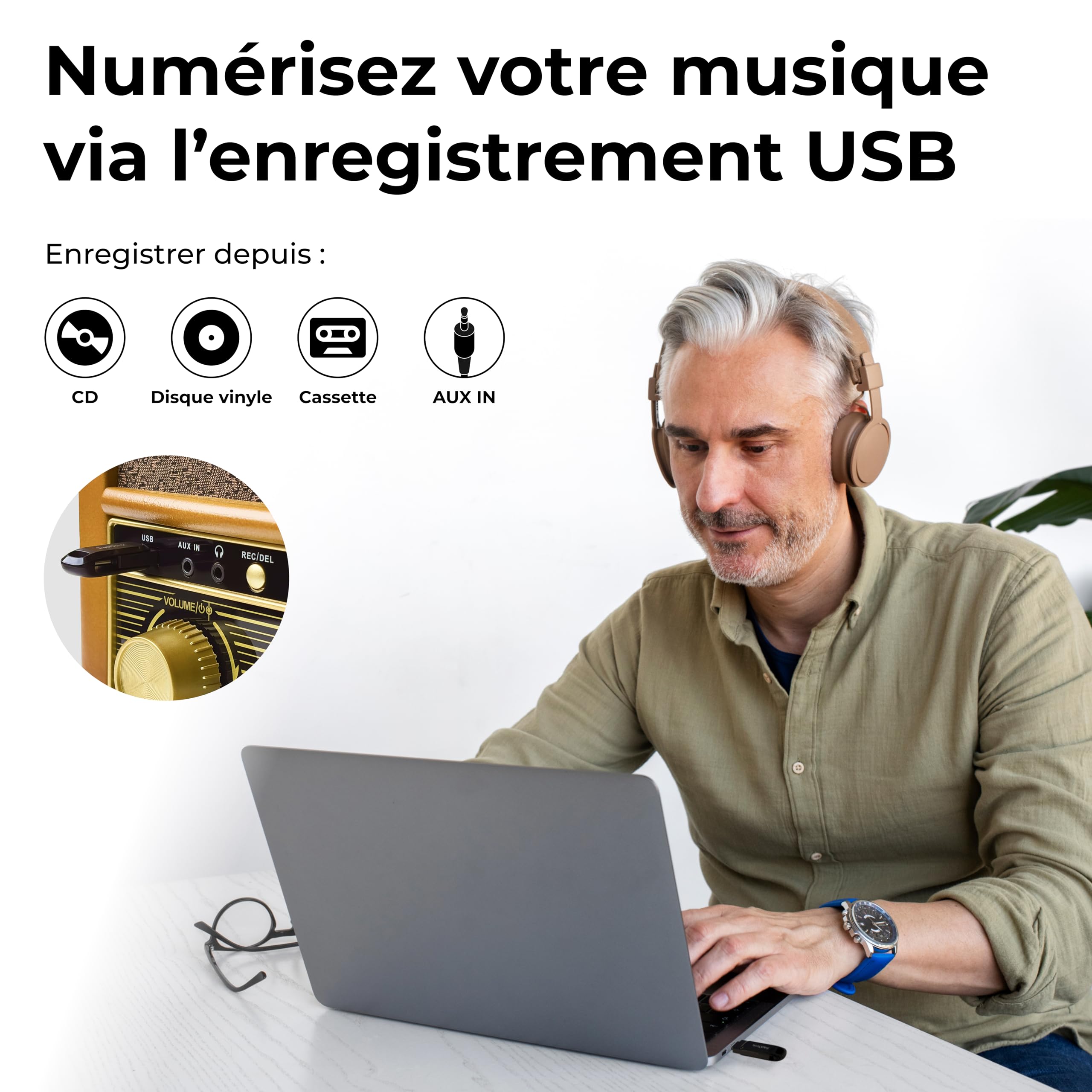 Denver MRD-51 Chaîne Musicale rétro avec Platine Vinyle, Dab+/FM, CD, Cassette, USB, AUX, Enregistrement MP3, Bois