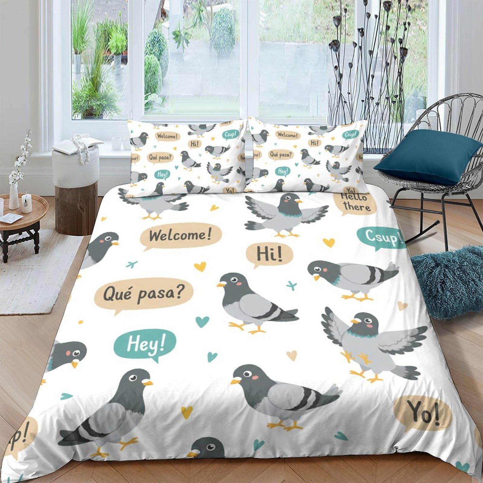 Ctjqhvkz Style-2 3D Printed Cartoon Pigeon Fitted Sheet Microfiber Soft Breathable Speech Bubble Bed Cover For Bedroom Dorm Decor Single（135X200cm）