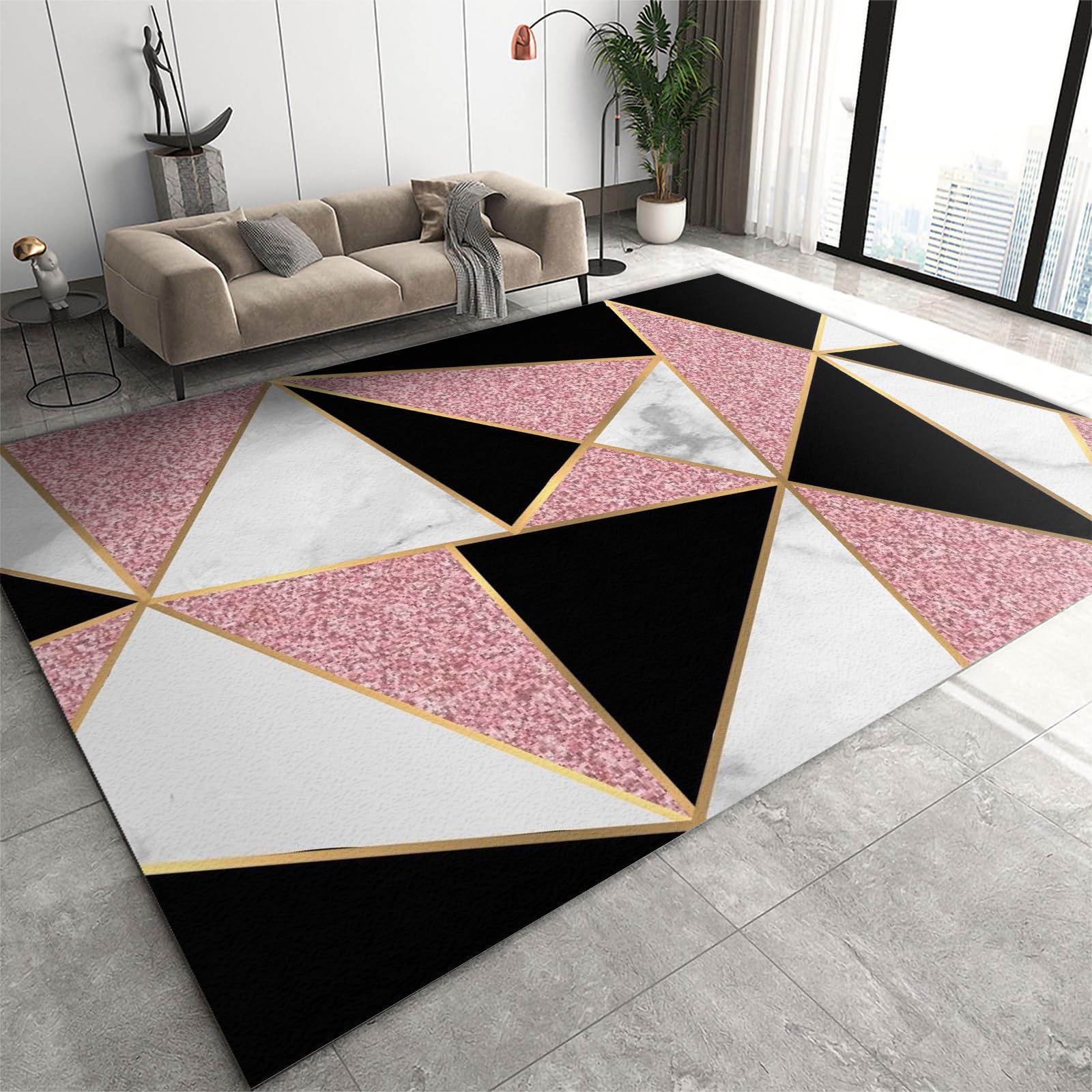 JYIZUA Luxury Pink Black Gold Geometric Washable Rugs, Nordic Simple White Marble Texture Area Rug, Non-Slip Low Pile Rubber Backed Thin Mat for