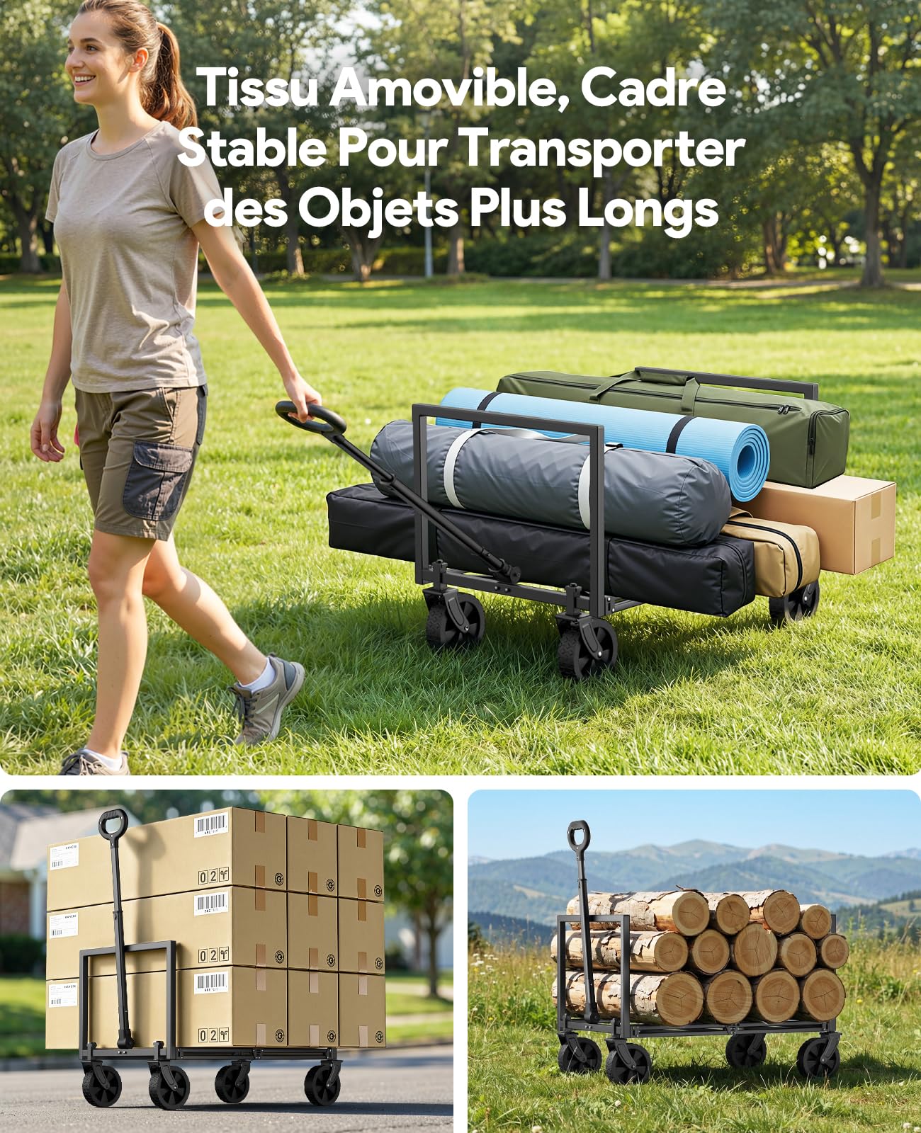 Chariots Pliables, Chariot Pliant de 330 Livres, Chariots Pliables Robustes avec roulettes, Chariot Utilitaire Portable pour Camping Courses Sport Jardin Shopping, Noir Clair