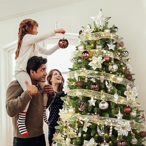 Miniatura 7 de Juego de 128 adornos de bolas de Navidad, bolas de plástico inastillables, flores de Navidad, decoración de árbol de Navidad, decoración de fiesta