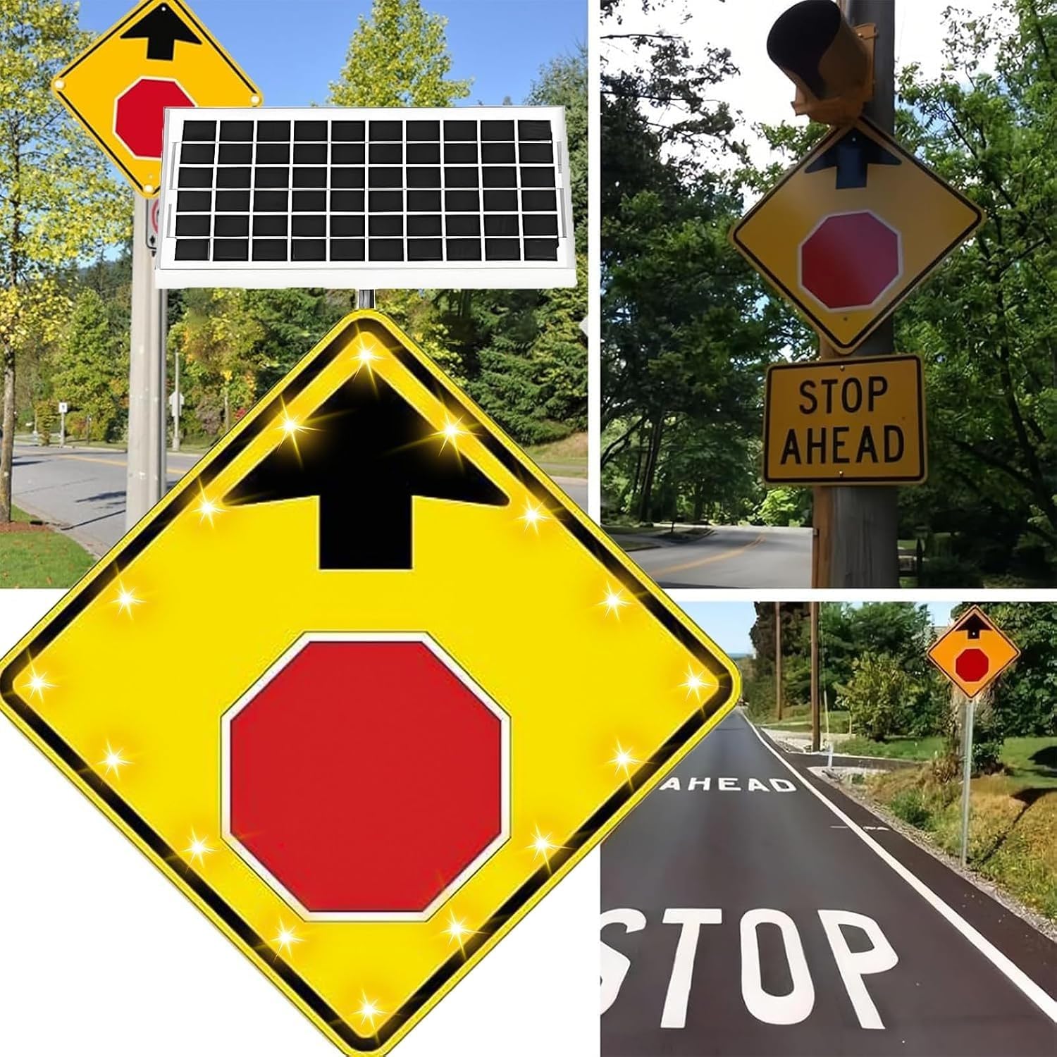 Señal De Advertencia Solar LED Intermitente "Pare Más Adelante" De 24/30 Pulgadas; Aluminio Reflectante (norma W3-1); Resistente Al Agua (IP65) Y A La Corrosión; Uso En Exteriores.(24in)