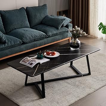 Rectangular Coffee Table, Living Room Tables, Center Table with Black Metal Frame, Suitable for Living Room Bedroom OfficeBlack,140cm/55in