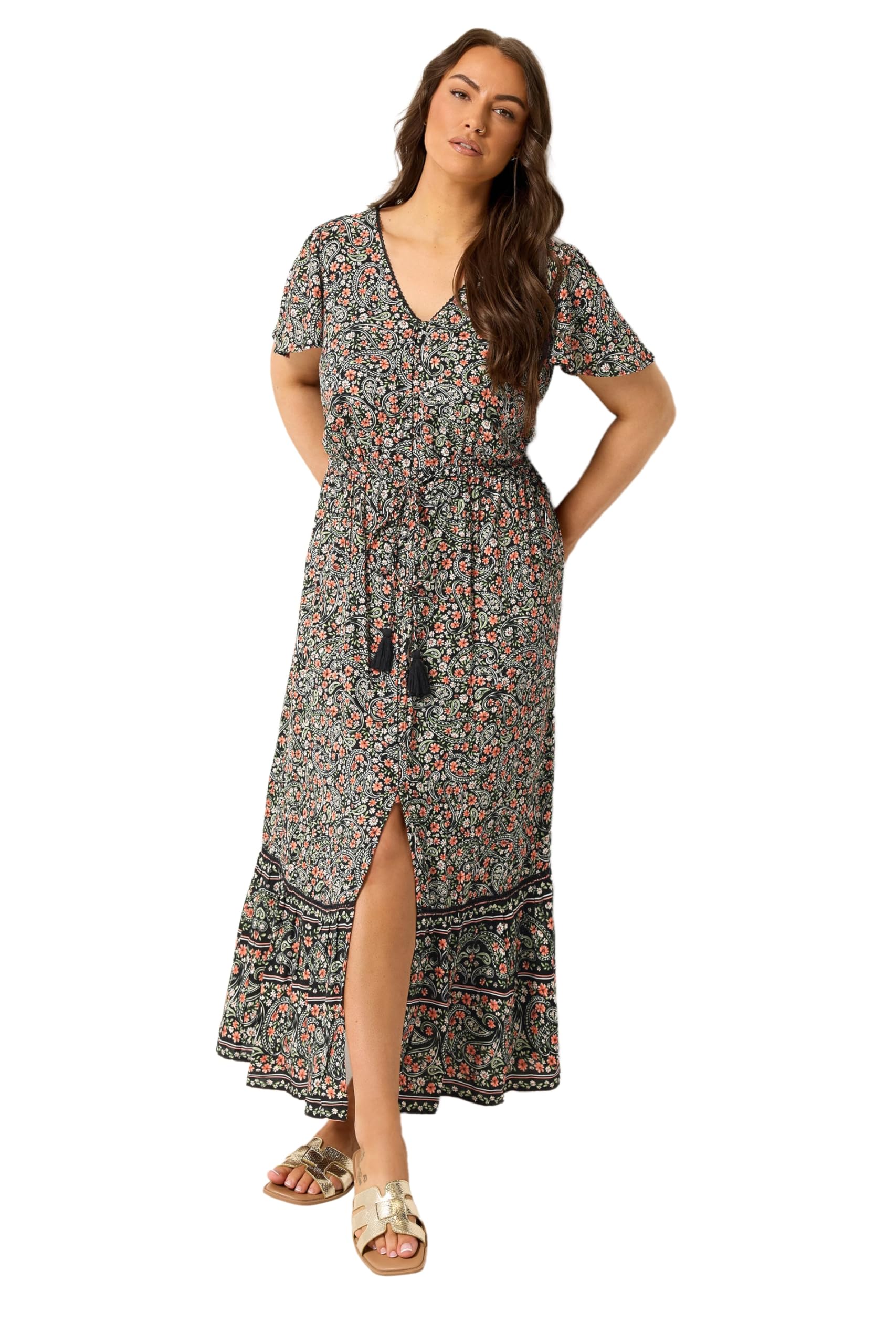 Yours Women's Black Ditsy Floral Border Detail Dress In Size 18