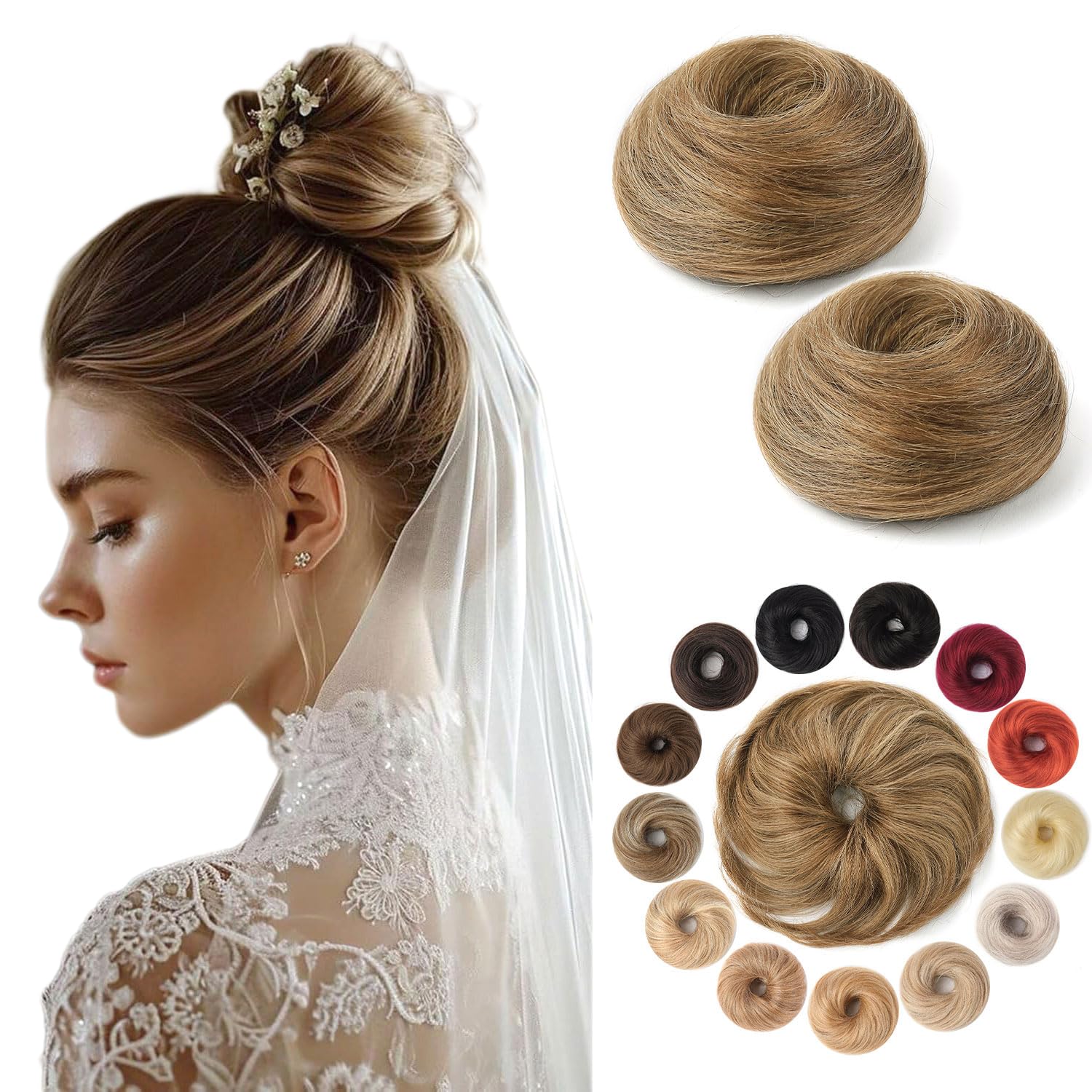KISANOF Human Hair Bun Pieces Natural Curly Honey Brown Tousled Stretchy Fluffy Donut Updo Elastic Rubber Band Ponytail Extensions(2 Count #6 Honey