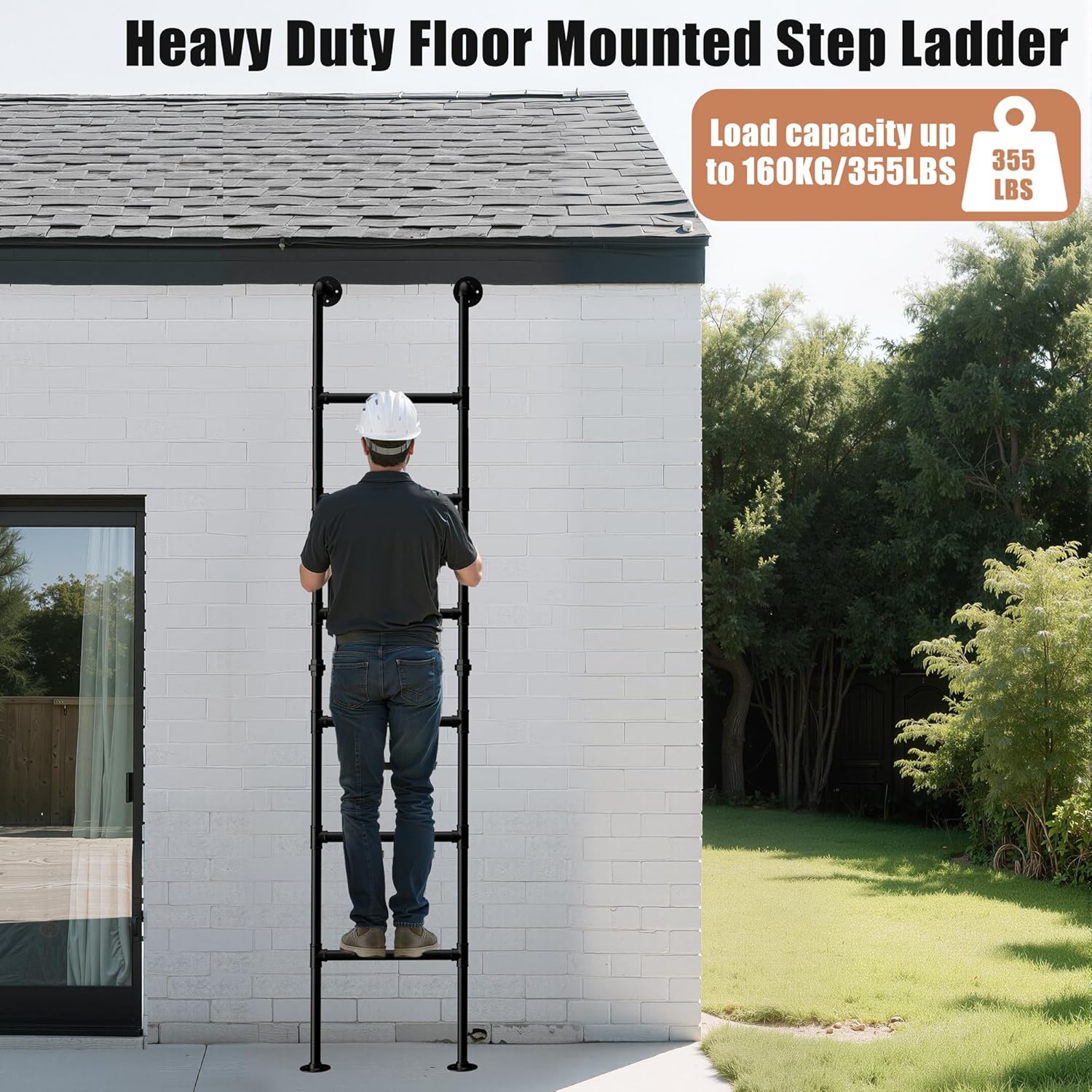 7FT Heavy Duty RV Bunk Bed Ladder - 6 Rung Wall Mounted & Freestanding Emergency Egress Ladder for Basement Window Well, Attic Loft, Dorm, RV Deck - 355lbs Capacity Anti-Slip Black