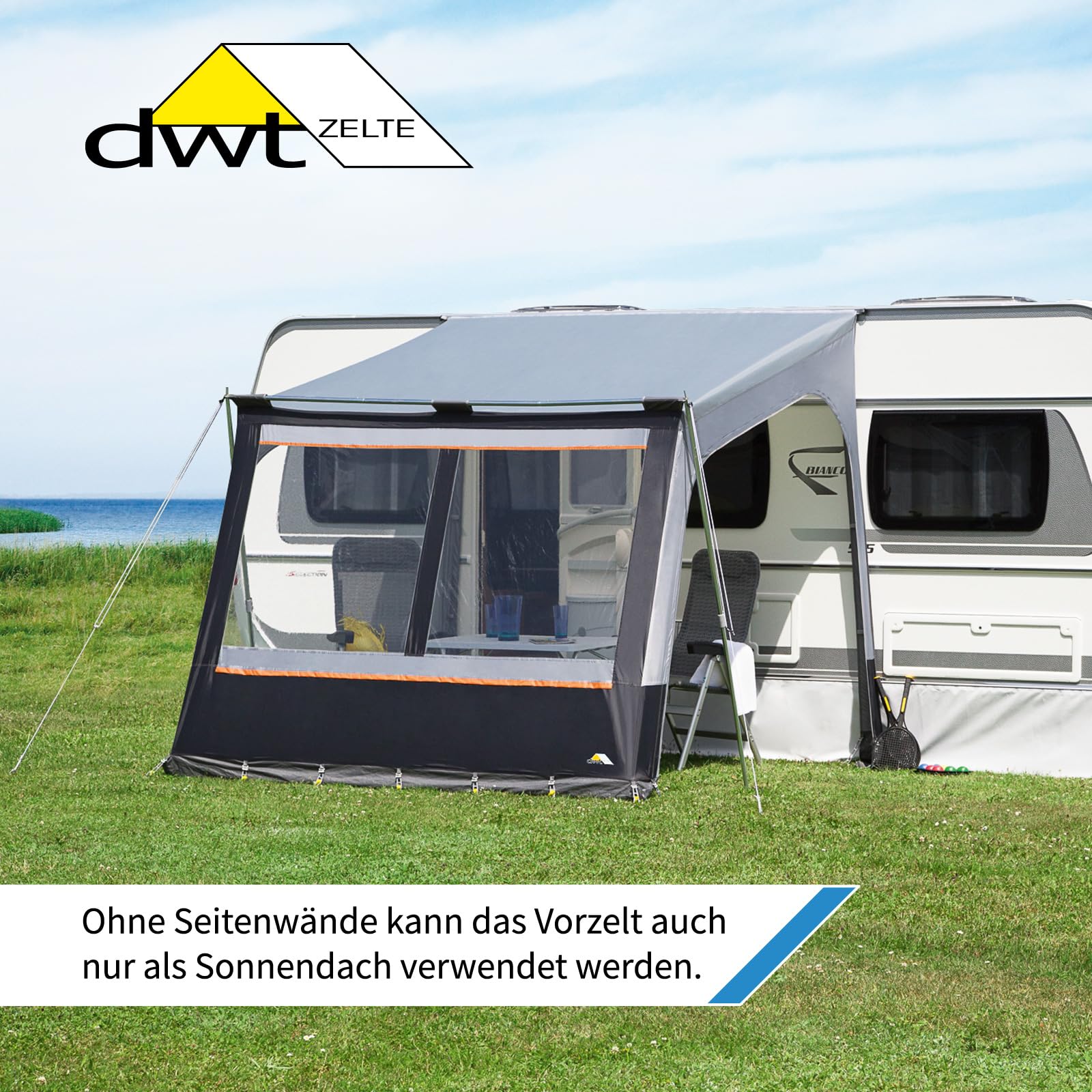 DWT Wohnwagen Vorzelt Fortuna II - 250 x 280 cm - Reisezelt grau mit Abspannmaterial und Tragetasche