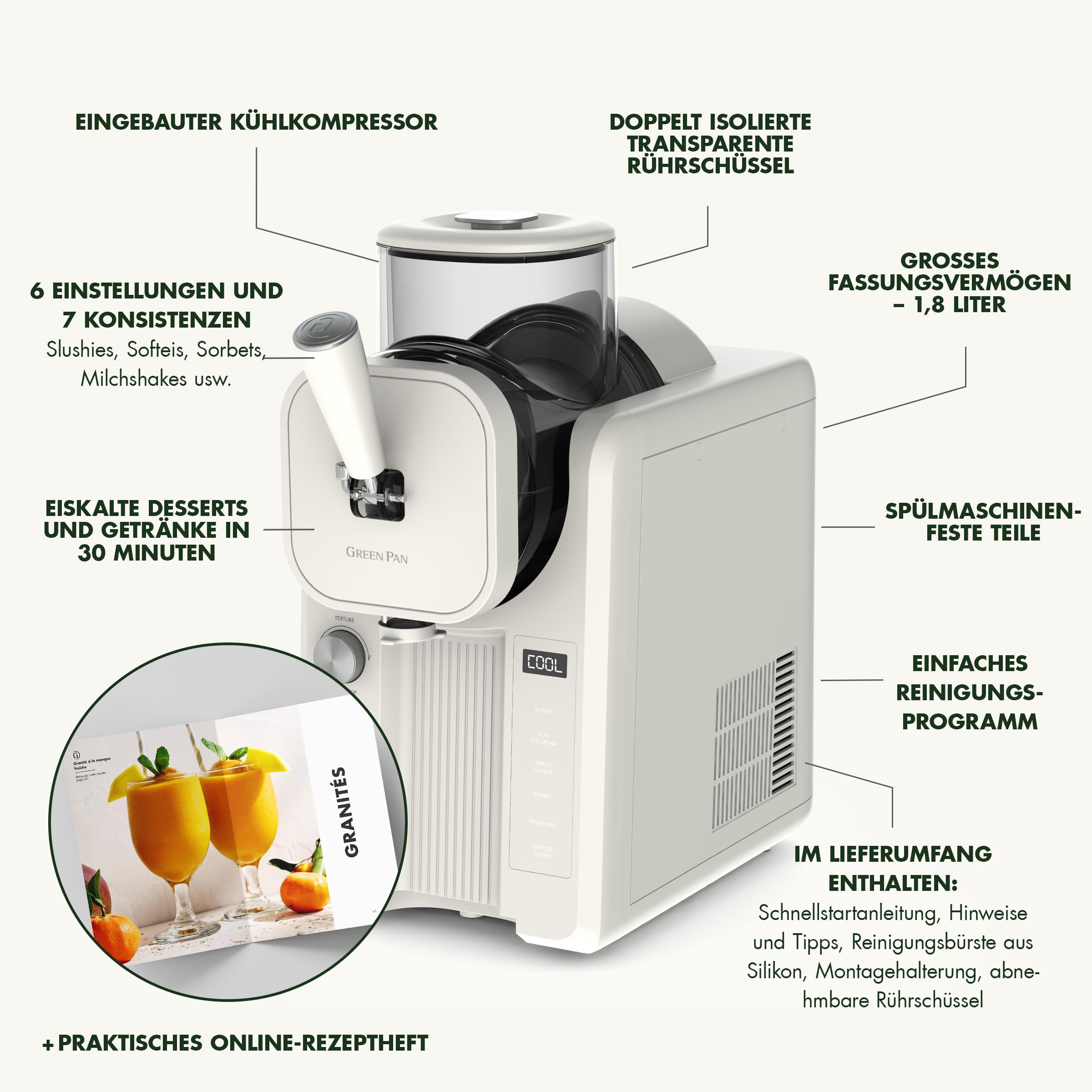 GreenPan Frost Eismaschine & Slushie-Maschine, Softeis, Sorbet, Margaritas, Milchshakes, Gefrorener Joghurt, Kein Vorfrieren, Fertig in 15 Minuten, 6 Modi,7 Texturen,Selbstreinigend,Familiengröße,Weiß