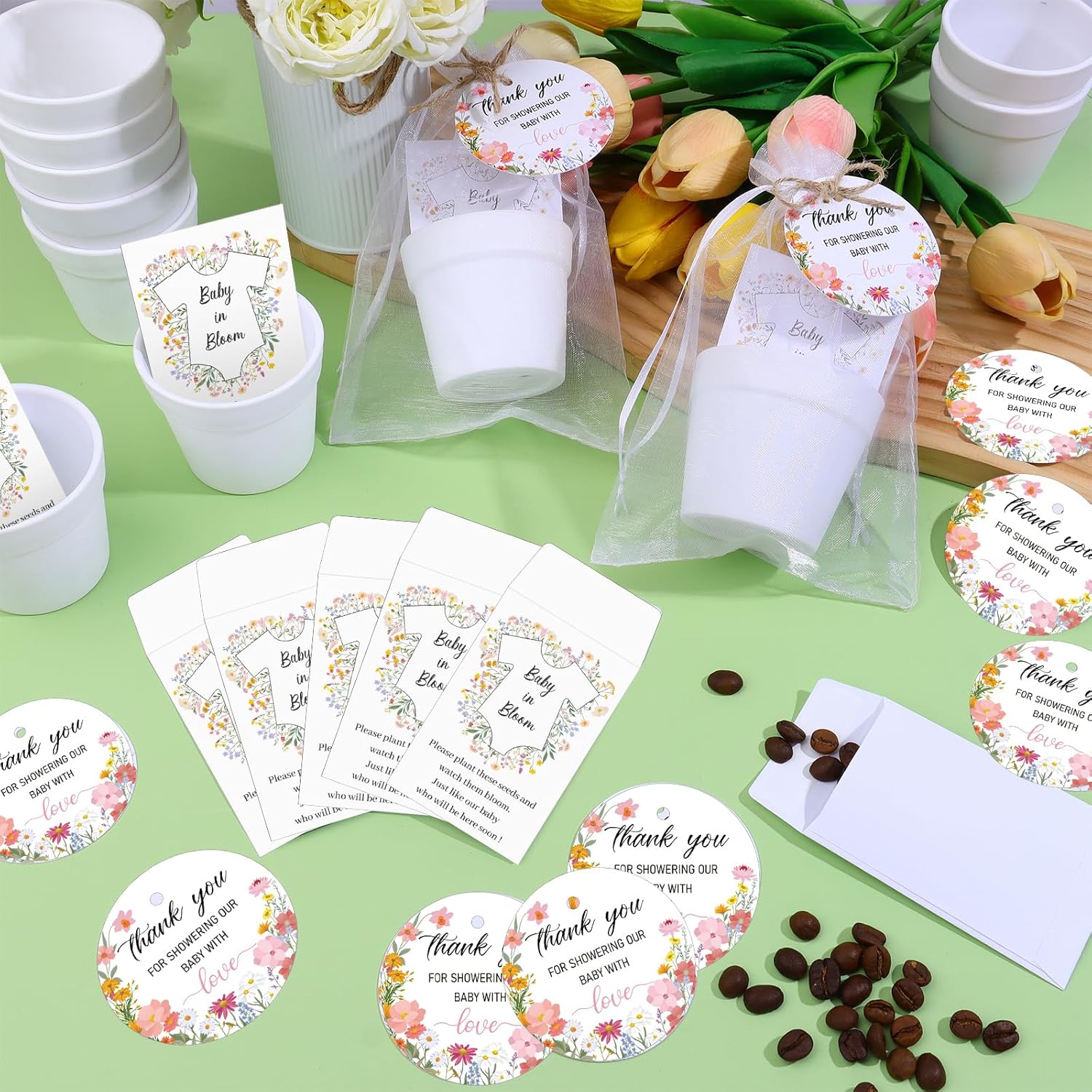 36 Sets Baby in Bloom Seed Packets Bulk Mini Plastic Flower Pots Kraft Wildflowers Envelopes with Thank You Tags Organza Bags Baby Shower Party Favors Gender Reveal for Guests(No Seed)