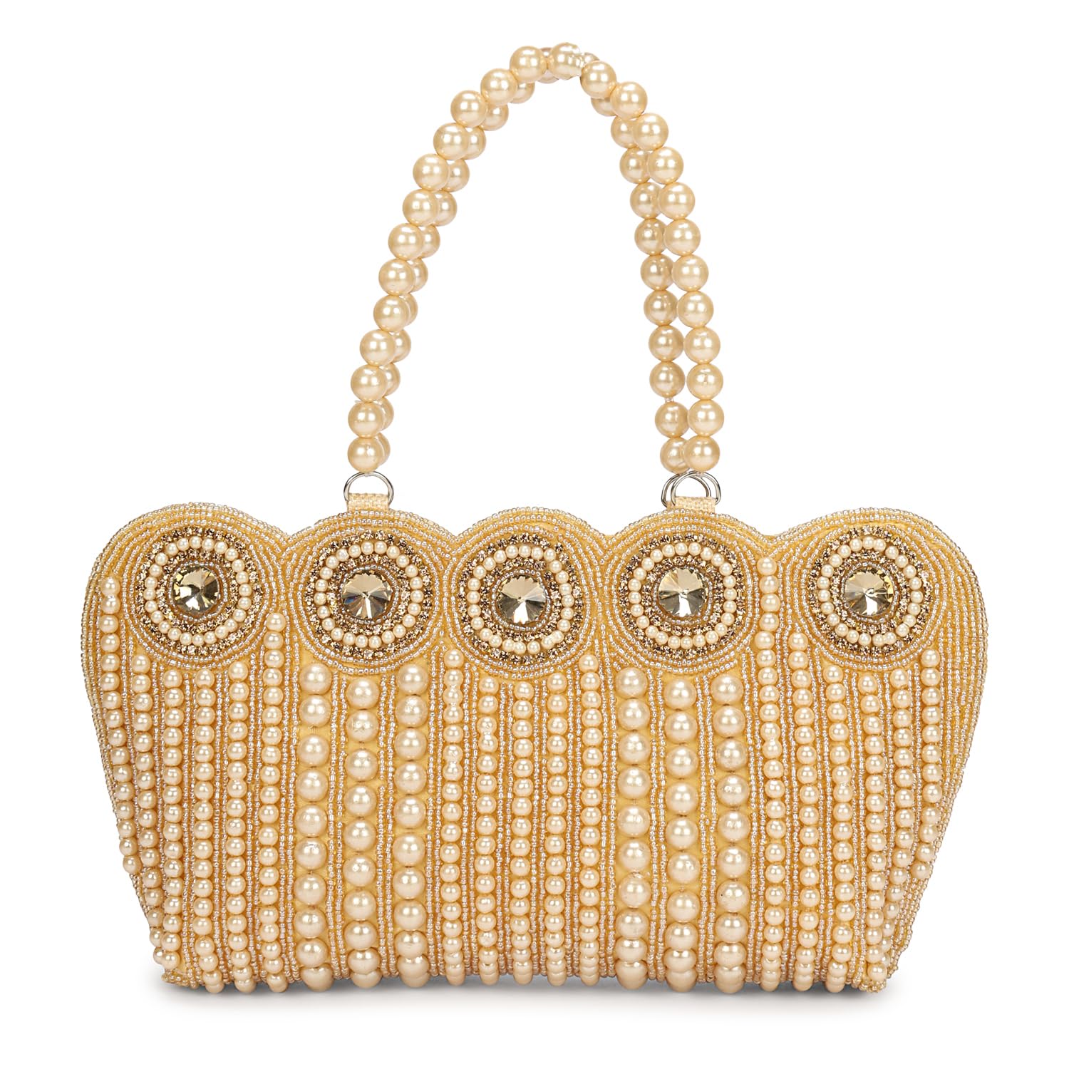 Elegant Pearl Evening Clutch, Champagne Gold Beaded Handbag with Crystal Embellishments, 8 x 6 x 3 inch Formal Party Purse with Pearl-image-13
