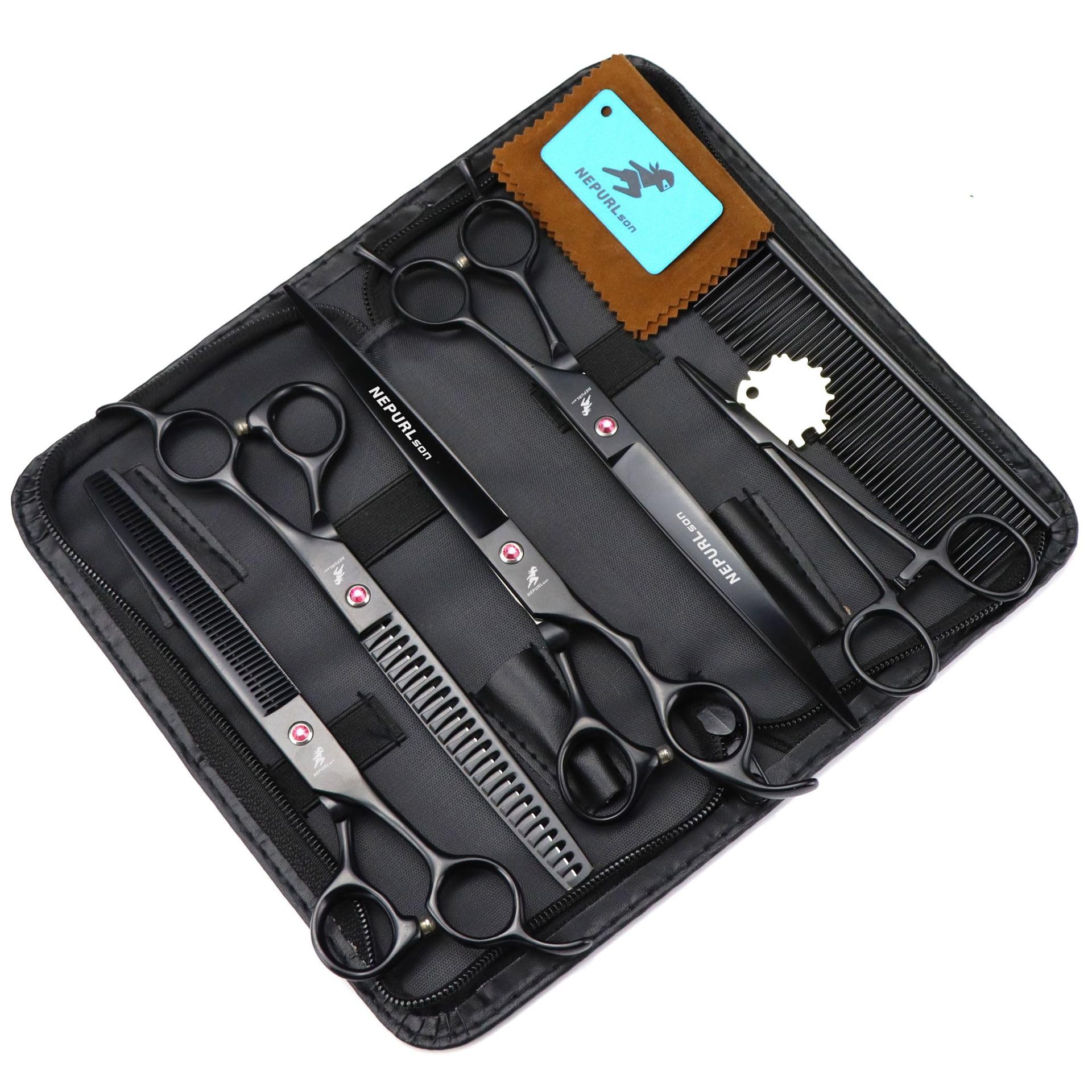 Kit de tijeras de aseo para perros completo - set de 6 piezas con cizallas rectas, curvas y texturizantes, peine de acero y estuche