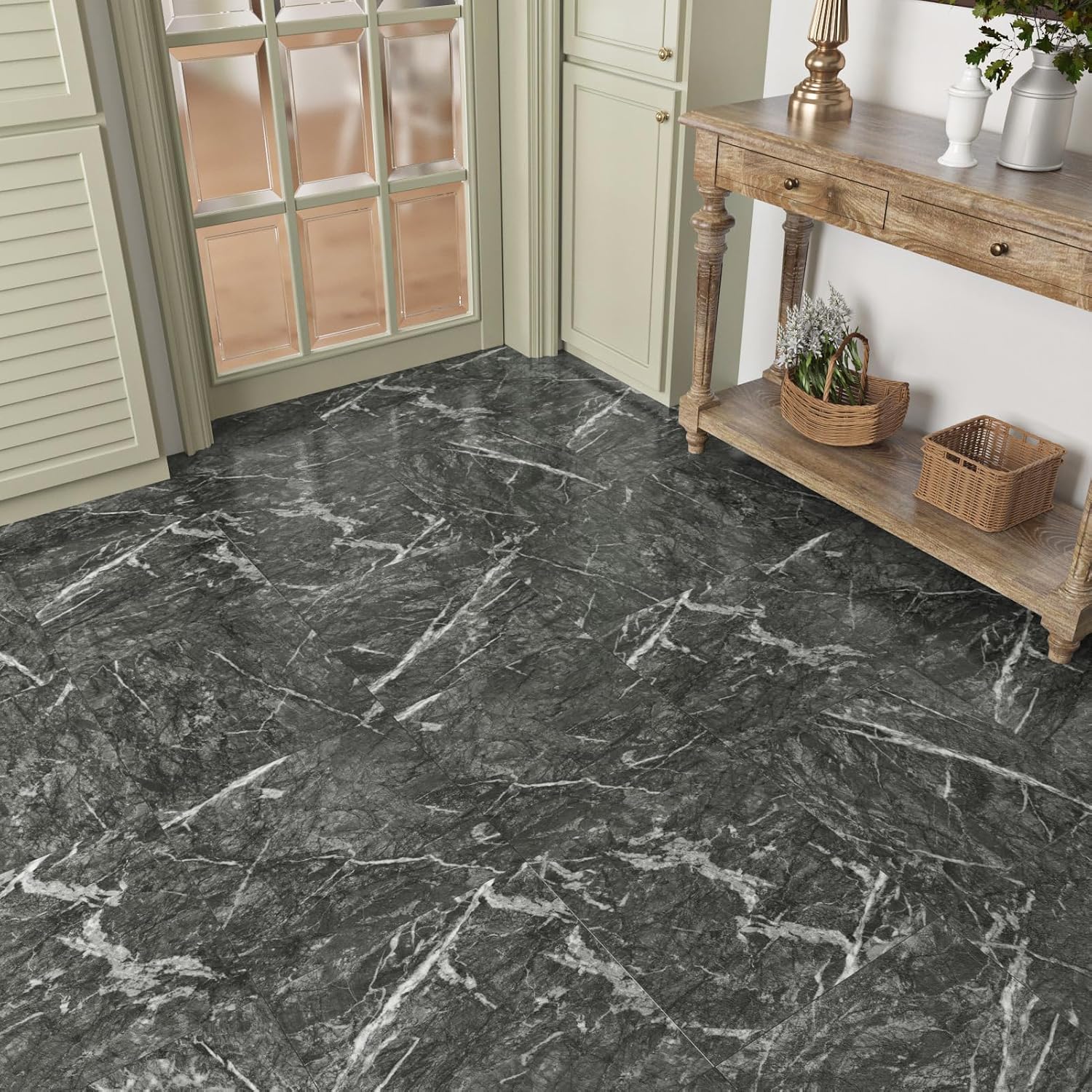 WESTICK 20 PCS Grey Black Peel and Stick Floor Tile Self Adhesive Vinyl Flooring Marble Black Floor Tiles Peel and Stick Waterproof Bathroom Vinyl Tiles for Bedroom Kitchen Camper 12 x 12 inch
