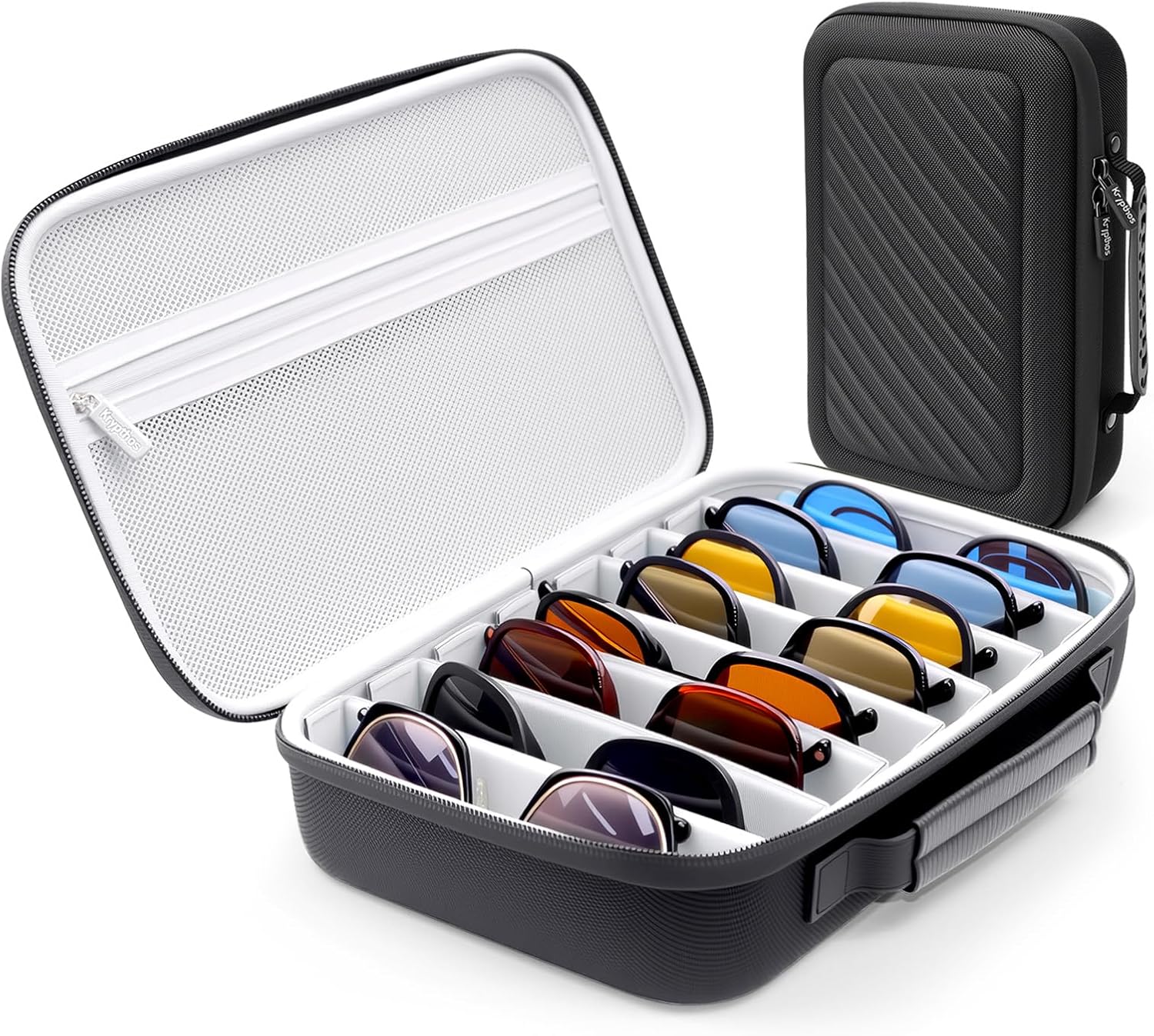 Krypthos Travel Sunglasses Organizer Case, Portable Eyeglasses Storage Box, Adjustable Multi-Compartments & Crushproof Design, Holds Up to 8 Pairs, Eyewear Display Case for Men Women