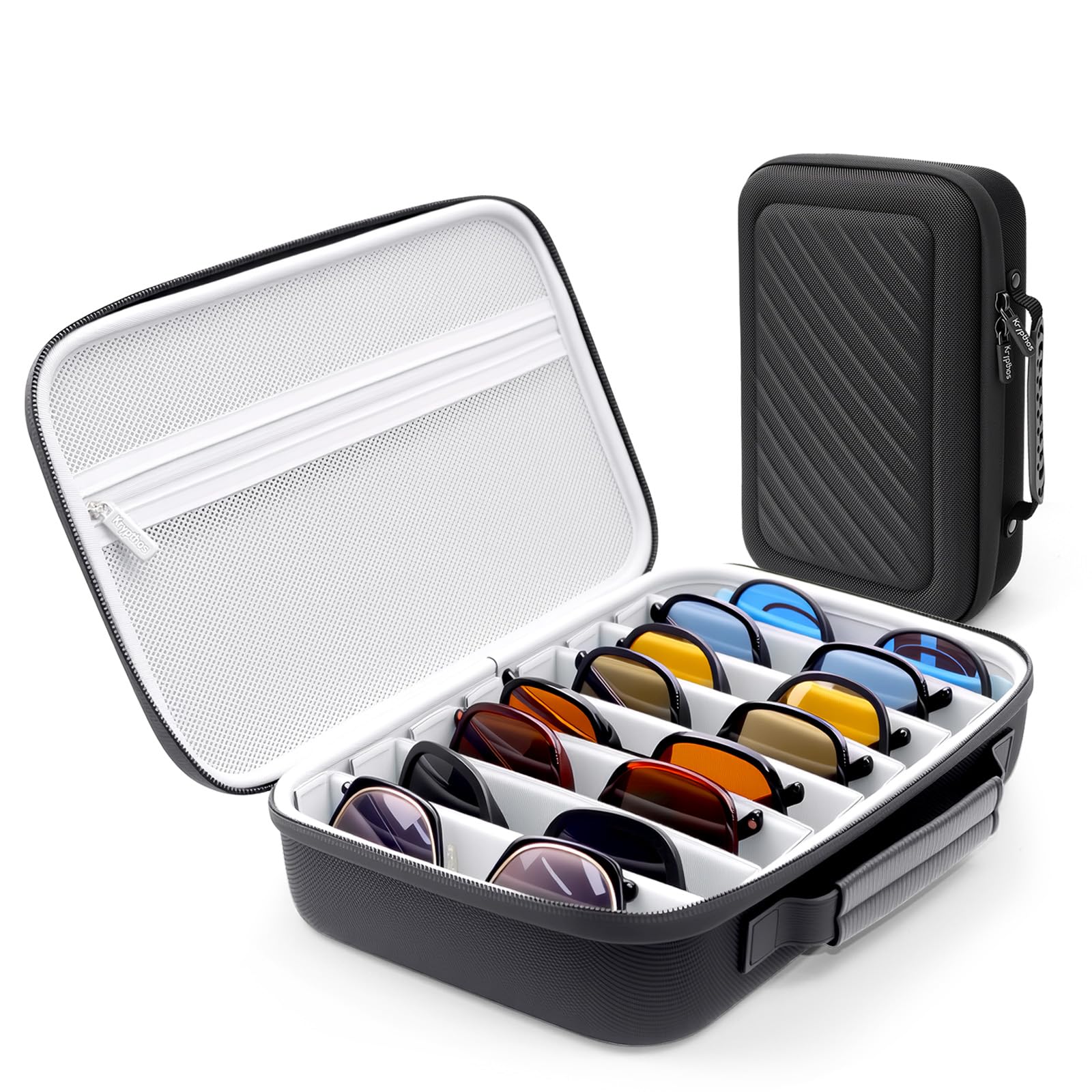 Krypthos Travel Sunglasses Organizer Case, Portable Eyeglasses Storage Box, Adjustable Multi-Compartments & Crushproof Design, Holds Up to 8 Pairs,