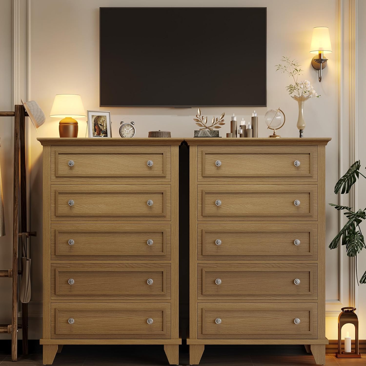 IDEALHOUSE 5 Drawer Dresser, Wooden Storage Chest of Drawers with Exquisite Metal Handles, Tall Storage Cabinet, Modern Design Dresser for Bedroom, Living Room, Hallway, Entryway, Brown