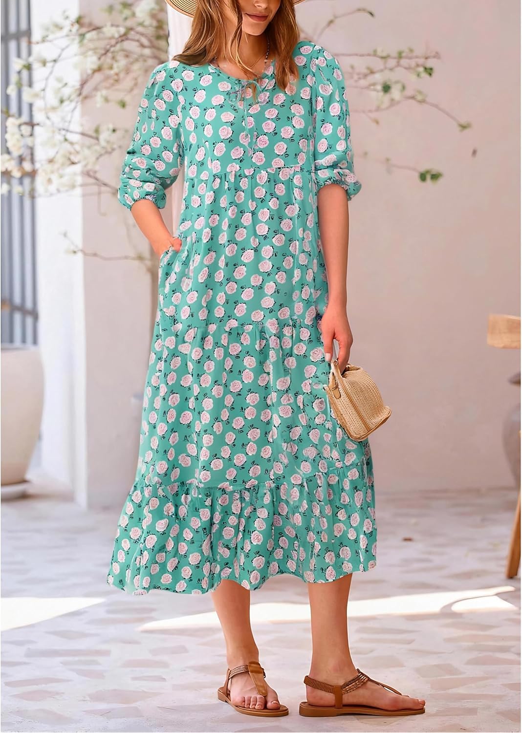 Womens Athletic Dresses V Neck Puff Sleeve Floral Flowy Swing Casual Green Flower