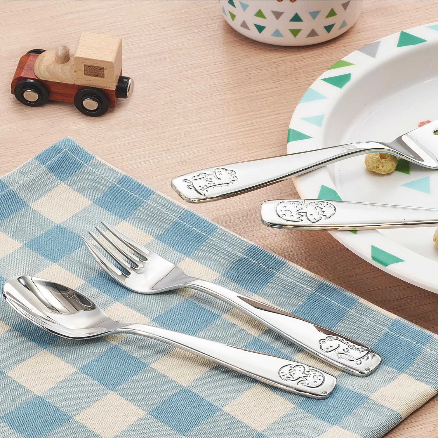 KINGSTONE Toddler Silverware Set, 12 Pieces Kids Utensils - 6 Forks & 6 Spoons, 18/10 Stainless Steel Food-Grade Kids Flatware, Cute Dinosaur Engraved, Dishwasher Safe for Home & Daycare Use