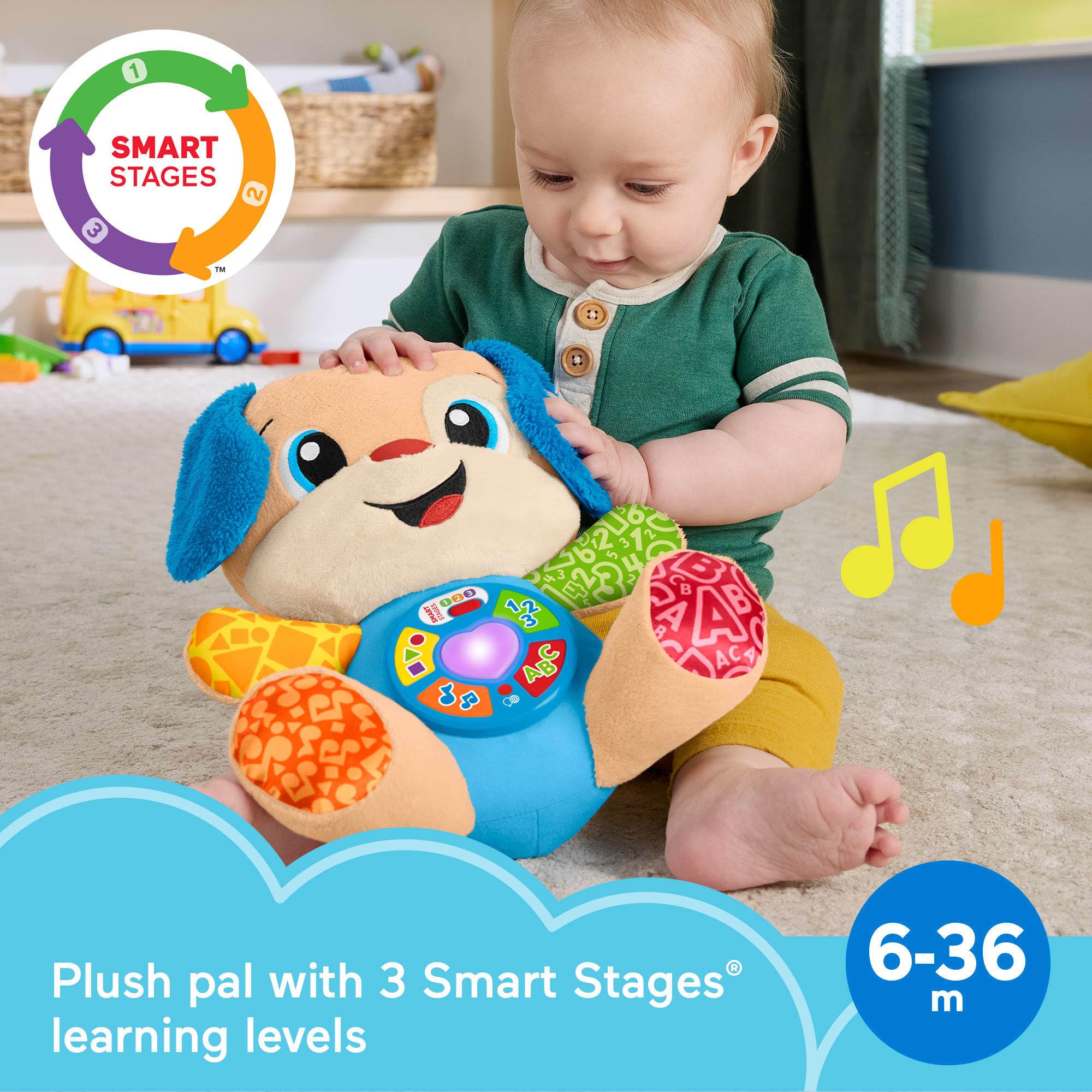 Fisher-Price - Juguete de Aprendizaje para bebé, reír y Aprender, escenarios Inteligentes, Peluche Musical para Cachorros con escenarios Inteligentes para bebés a Partir de 6 Meses, versión