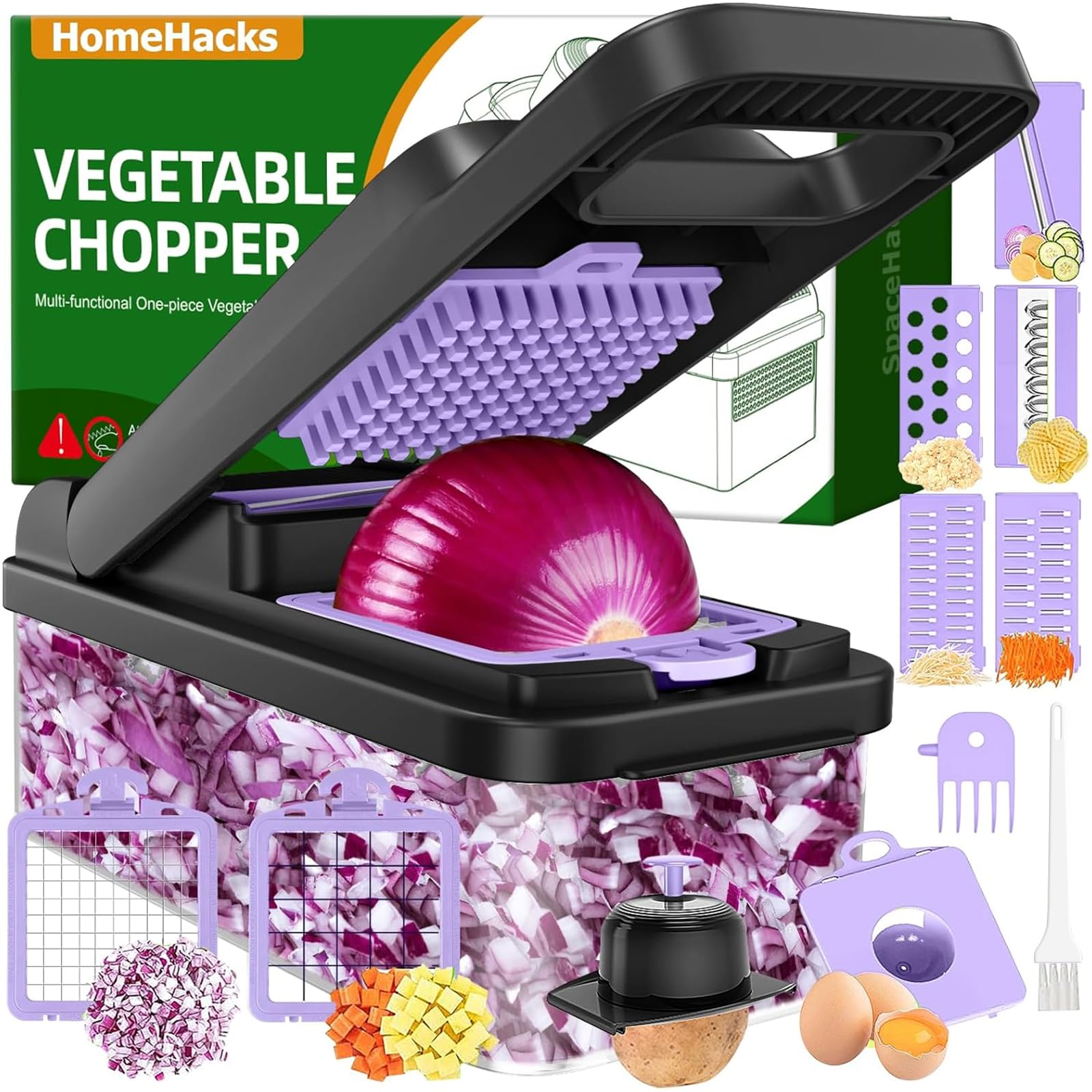 homehacks vegetable chopper vegetable cutter 12 in 1 kitchen gadget dicer slicer onion cutter salad cheese grater amp egg separator - multi-functional veggie chopper lid with handle purple