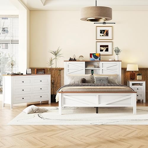 Farmhouse 3-Pieces Bedroom Sets, Queen Size Platform Bed with a