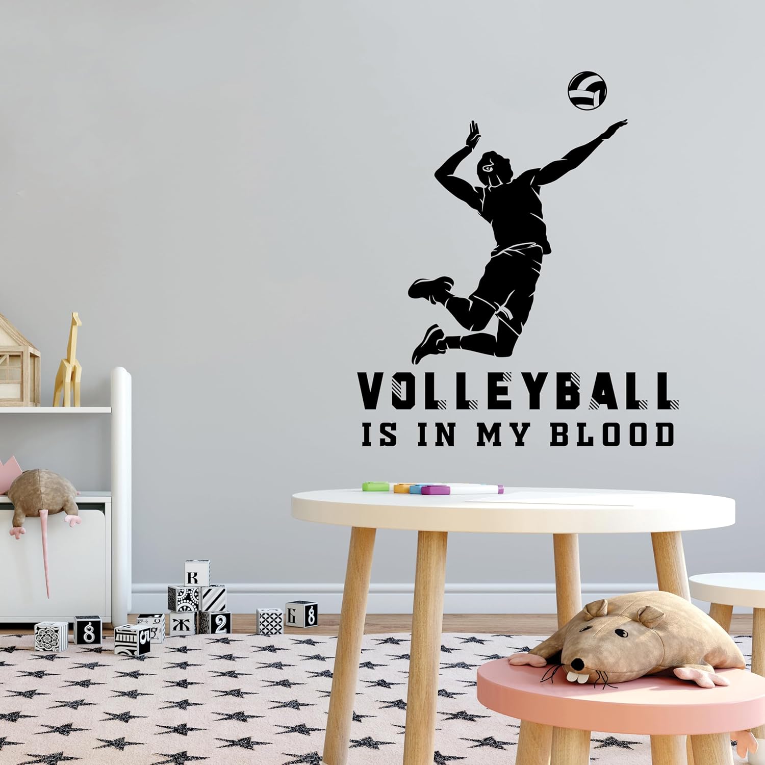 Design With Vinyl Wall Decal Volleyball is in My Blood Volleyball Player Mid Air Jump and Hitting Bedroom Wall Sticker Decoration - Removable - Size: 27 in x 30 in 27 In x 30 In Black