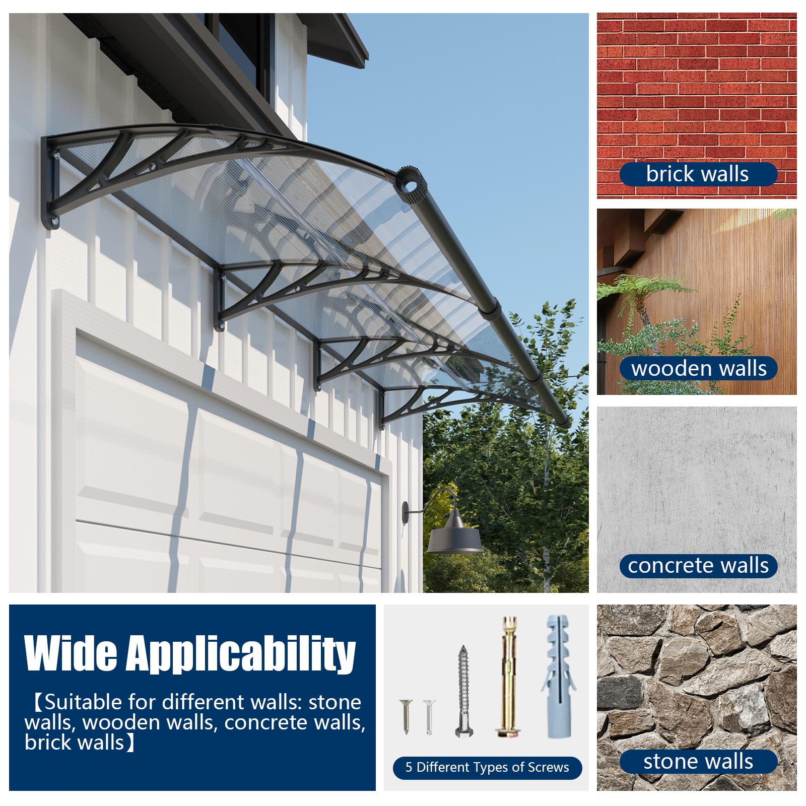 Marquesina Puerta Exterior, 200x100 cm Techo Exterior Lluvia UV/Resistencia a Vientos/Nieve, toldo con Sistema de Drenaje de Policarbonato para Tejado, Porche, Terrazas, Ventana