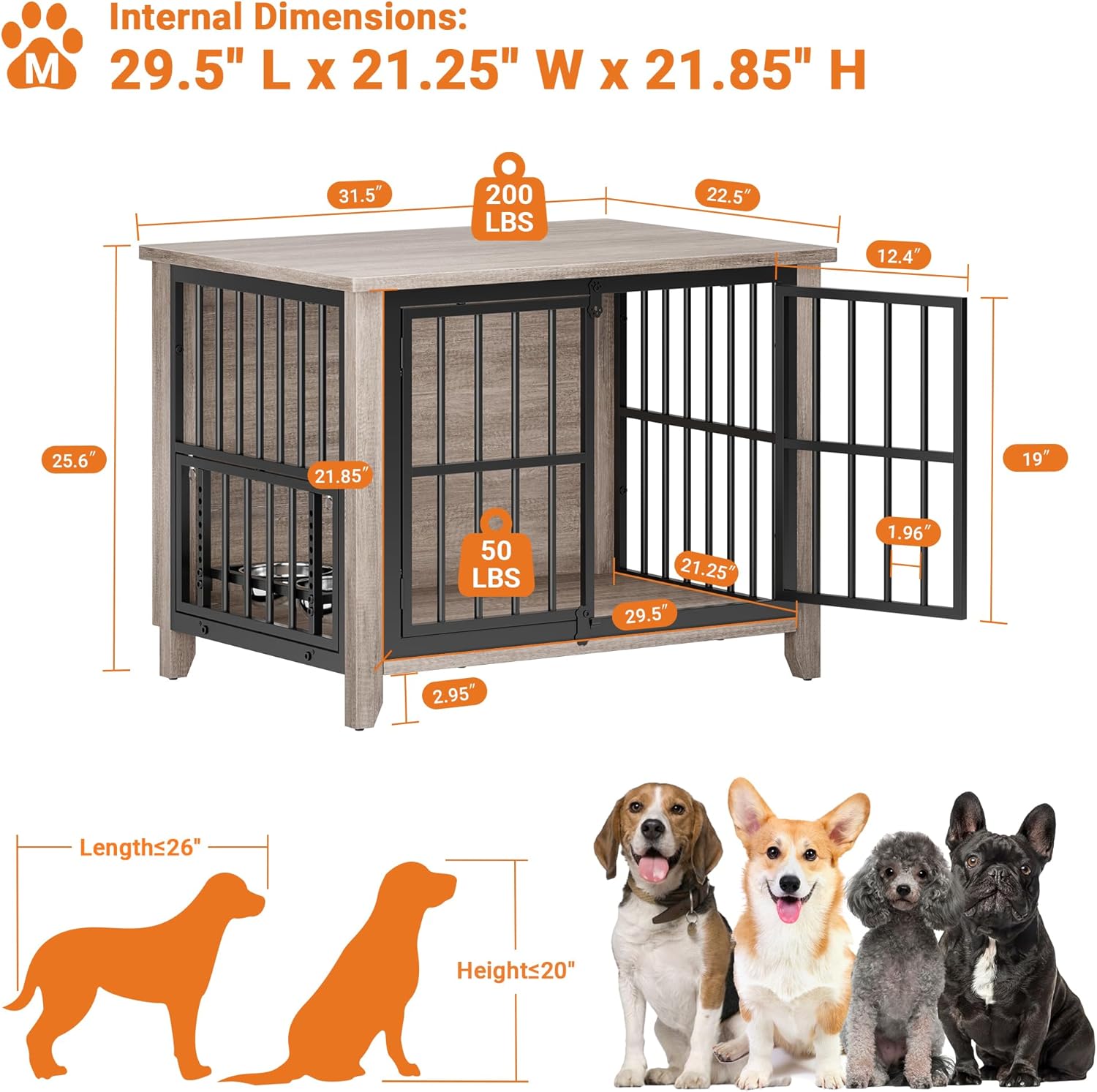 31.5" Dog Crate Furniture, Wooden Dog Kennel Indoor with 360° Rotating Feeder and 2 Adjustable Bowls, Decorative Side End Table Dog Cage for Medium and Small Dogs, Grey