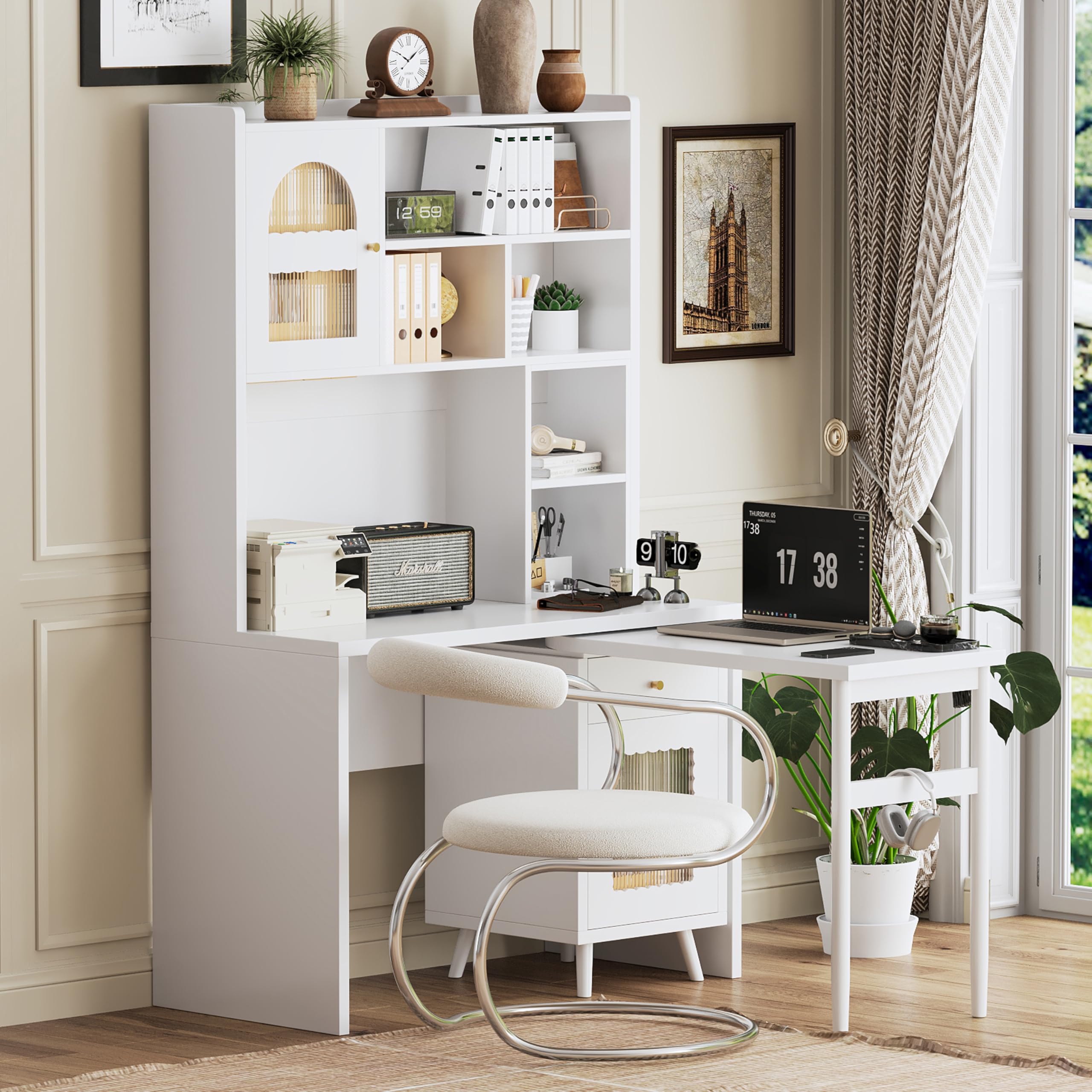 Computer Desk with 90 Degree Rotating Desktop,Office Desk with Storage Drawer and Cabinets,Gaming Desk with Shelves,Writing Desk for Study,Work Desk