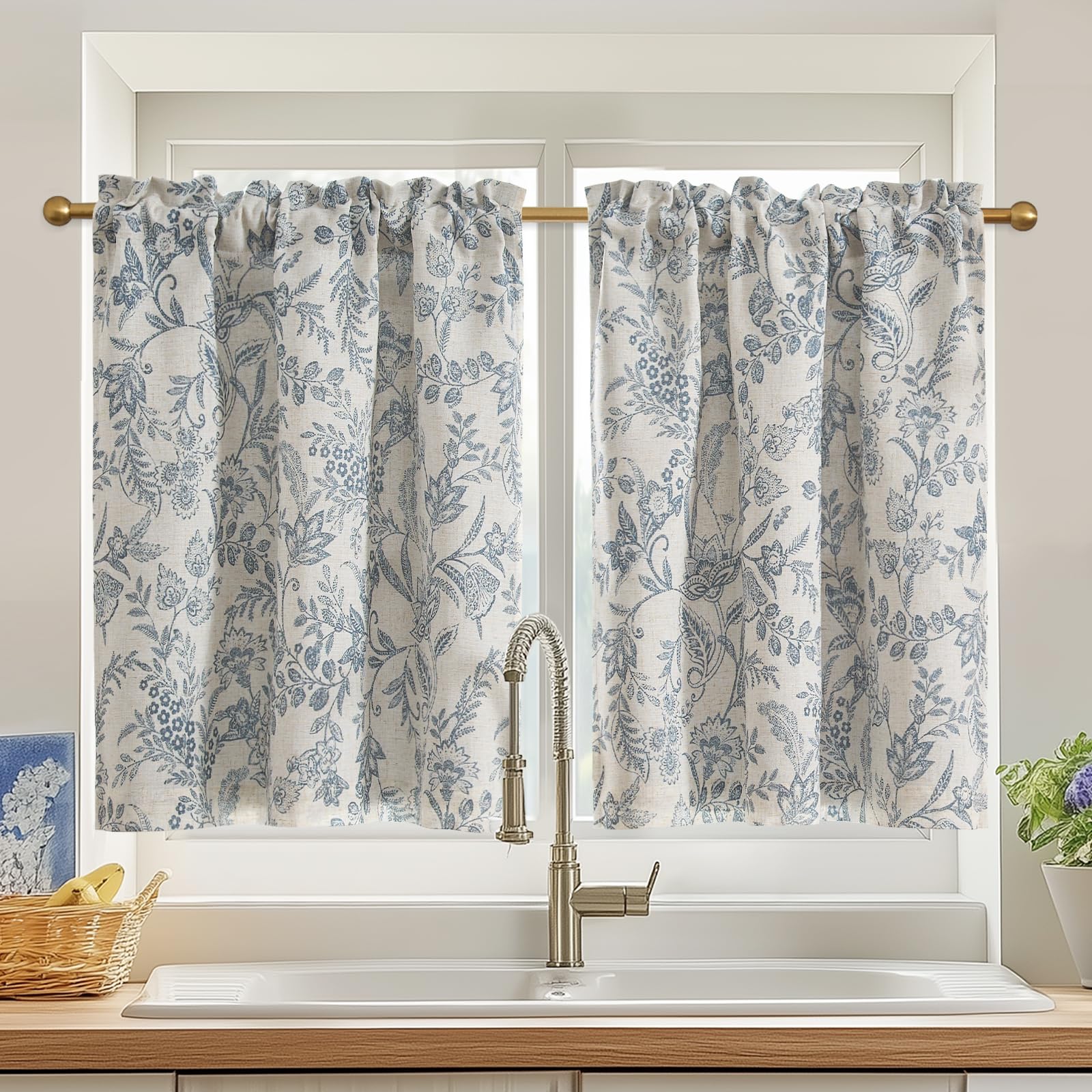 Lazzzy Blue Floral Kitchen Curtains 36 Inch Length Rustic Country Room Darkening Small Linen Farmhouse Cafe Curtains with Lined Rod Pocket, Set of 2,