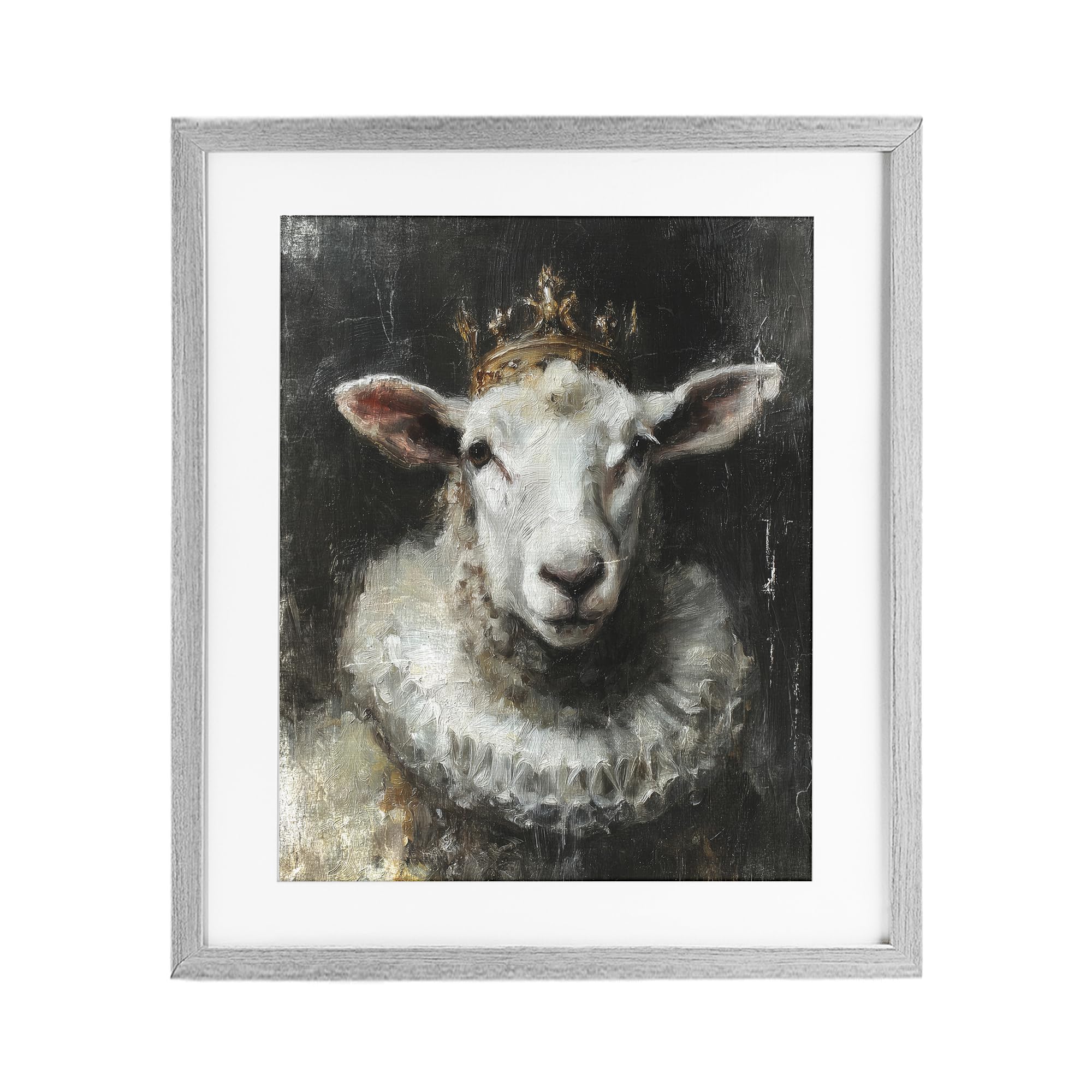 Stupell Industries Farmhouse Gray (Textured) 'Crowned Sheep Portrait'| Framed Print Under Glass