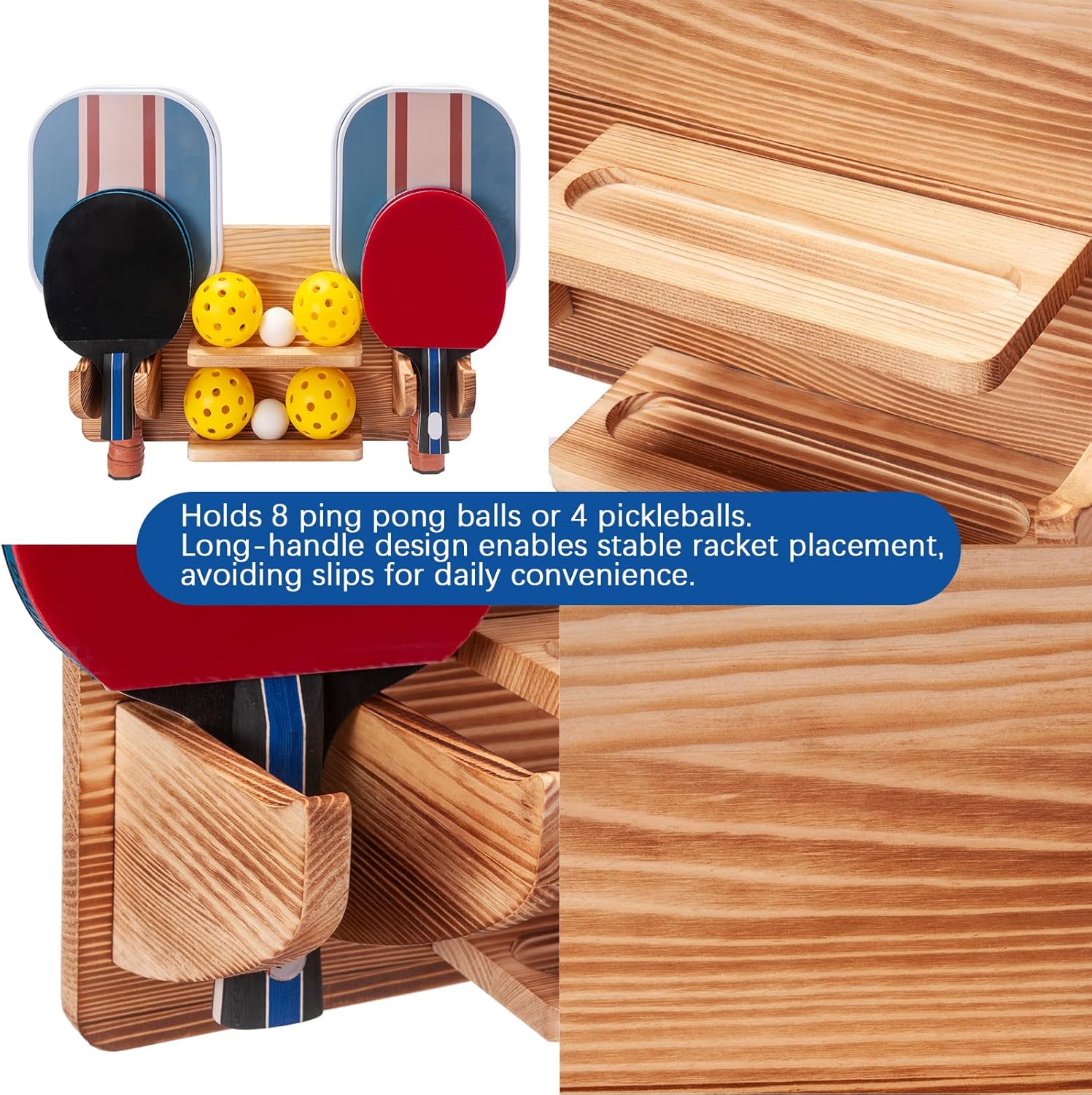 Ping Pong Paddle Storage Rack, Ping Pong Accessories Organizer Wall-Mount for 6 Paddles, 6 Pickleball Paddles and Balls, Pine Wood Table Tennis Racket Display for Game Room Bar Office Home