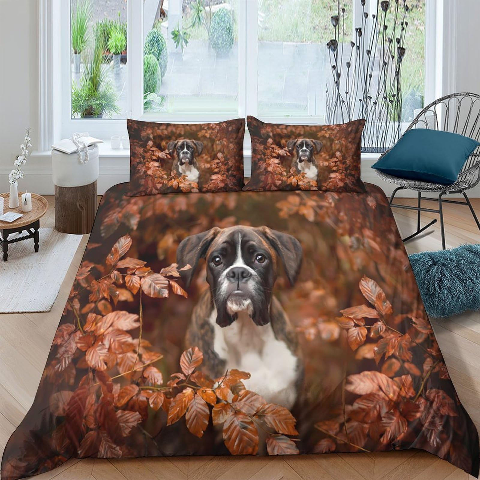 Ctjqhvkz Style-6 3D Printed Autumn Leaves Boxer Dog Fitted Sheet Microfiber Soft Brown Bed Cover For Bedroom Dorm Decor Single（135X200cm）