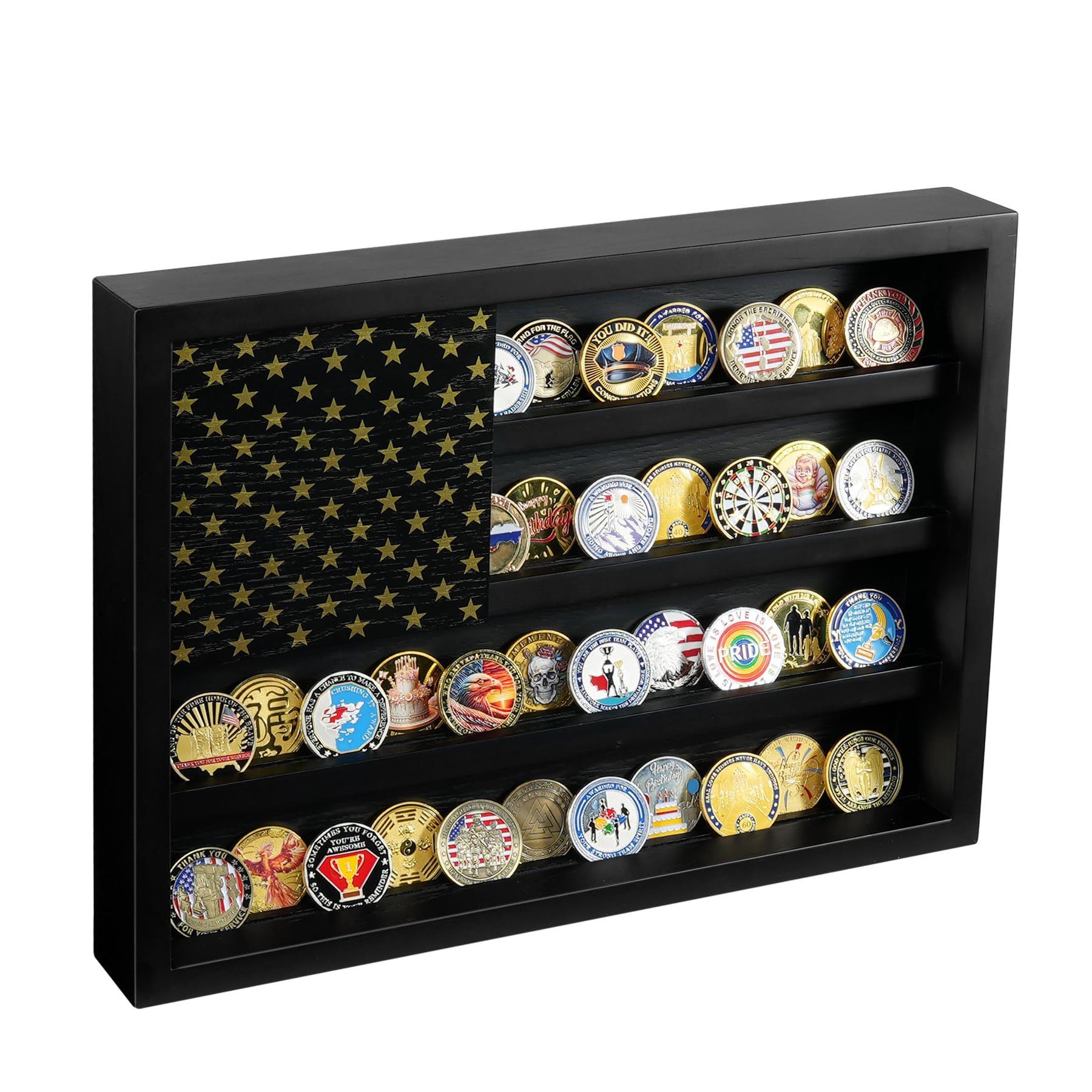 ASmileIndeep Challenge Coin Display Case, 4 Rows Military Coin Holder Display with 2 Groove Shelves Holds 64-73 Coins, Wooden Wall Mounted Coin Display Stand With Magnetic American Flag, Black