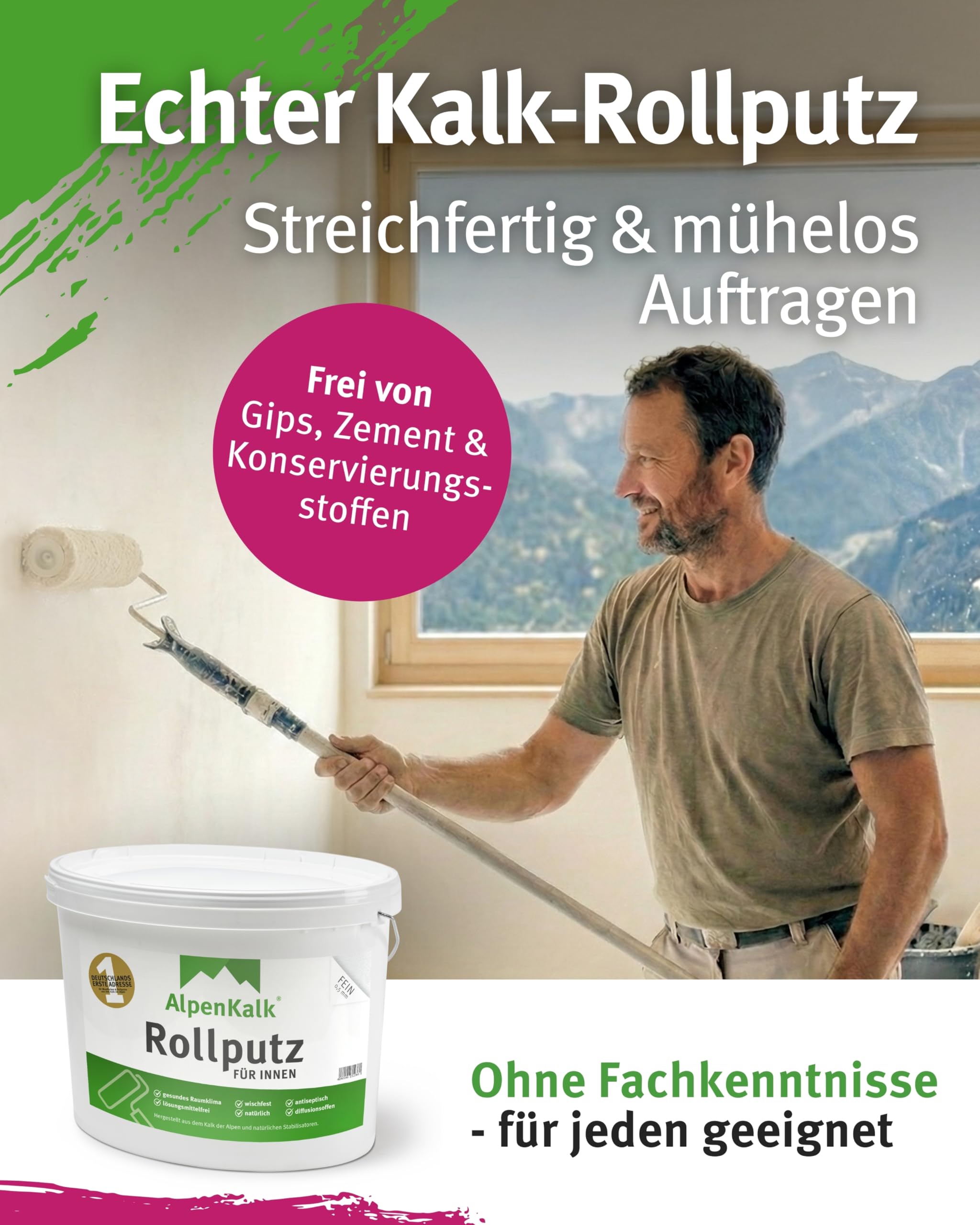 Feiner Rollputz für Innen I 24 kg für ca. 65 m² + Spezialrolle 18 cm I 0,5 mm Körnung I Verarbeitungsfertig & streifenfrei wie vom Profi I Atmungsaktiv, schimmelhemmend & lösungsmittelfrei