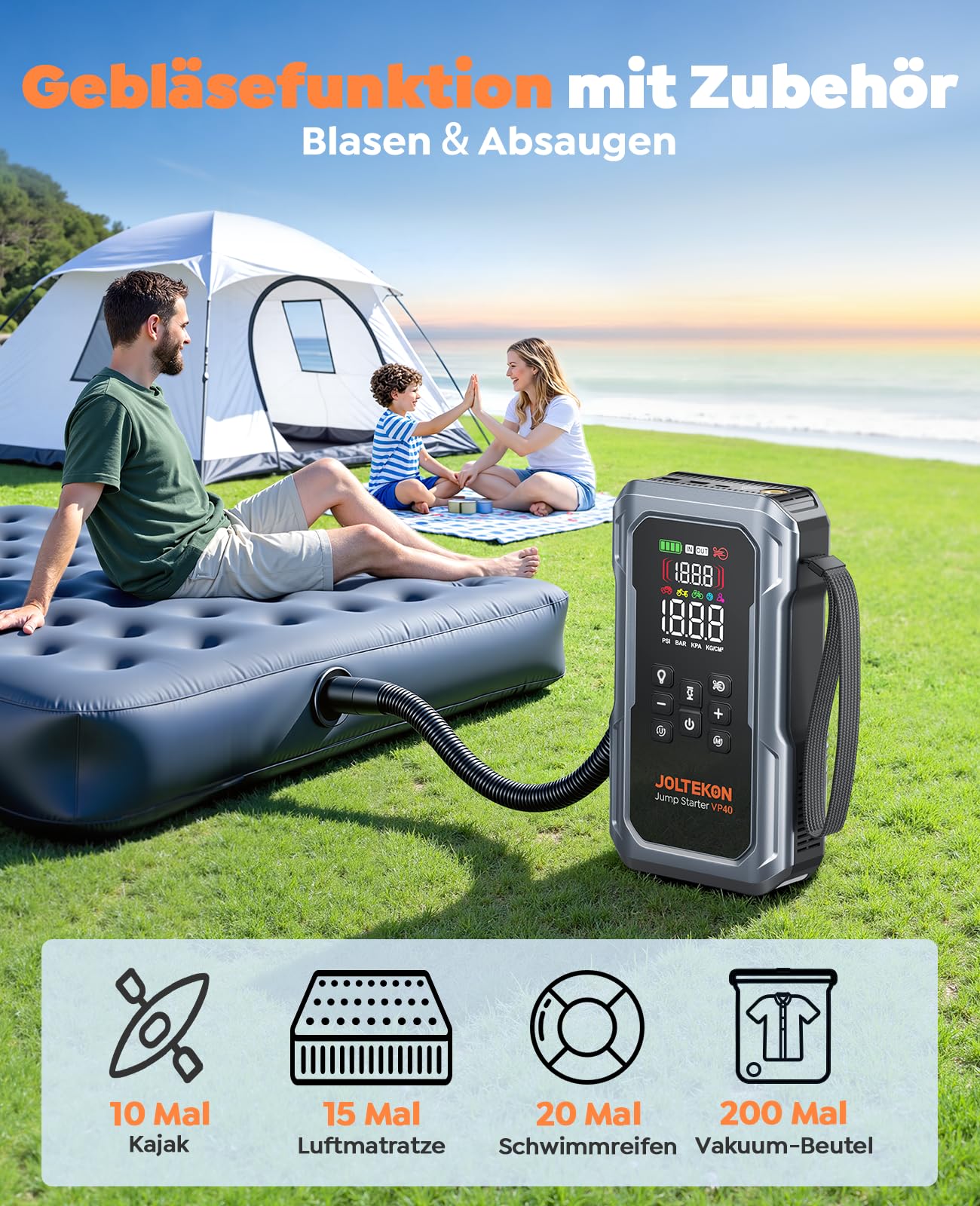 7000A Auto Starthilfe Powerbank für Pkw, Starthilfe für Alle Benzin und 12,0L Diesel, Starthilfe Powerbank mit Gebläse und 160PSI Kompressor, Starthilfe mit 800 Lumen LED Leuchte und 3,3'' LCD Display